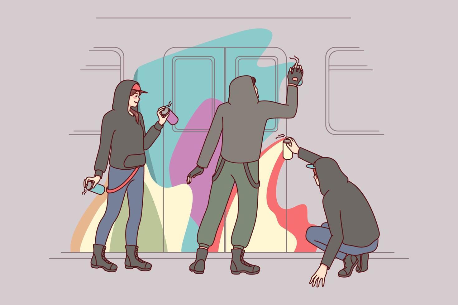 People painting subway train with graffiti. Vandals drawing subculture art with aerosol paints on train. Vandalism and sabotage concept. Vector illustration.