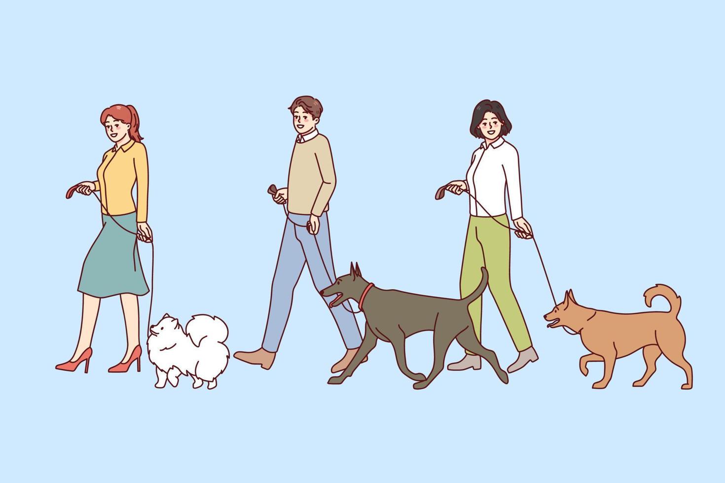 personas con perros en correas caminando en canino concurso. mascota propietarios con Doméstico animales en competencia. vector ilustración.