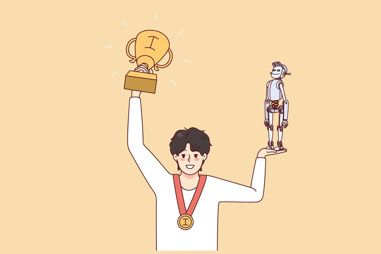 Happy boy holding robot and prize excited about contest victory. Smiling child win robotic competition. Engineering student with award. Flat vector illustration.