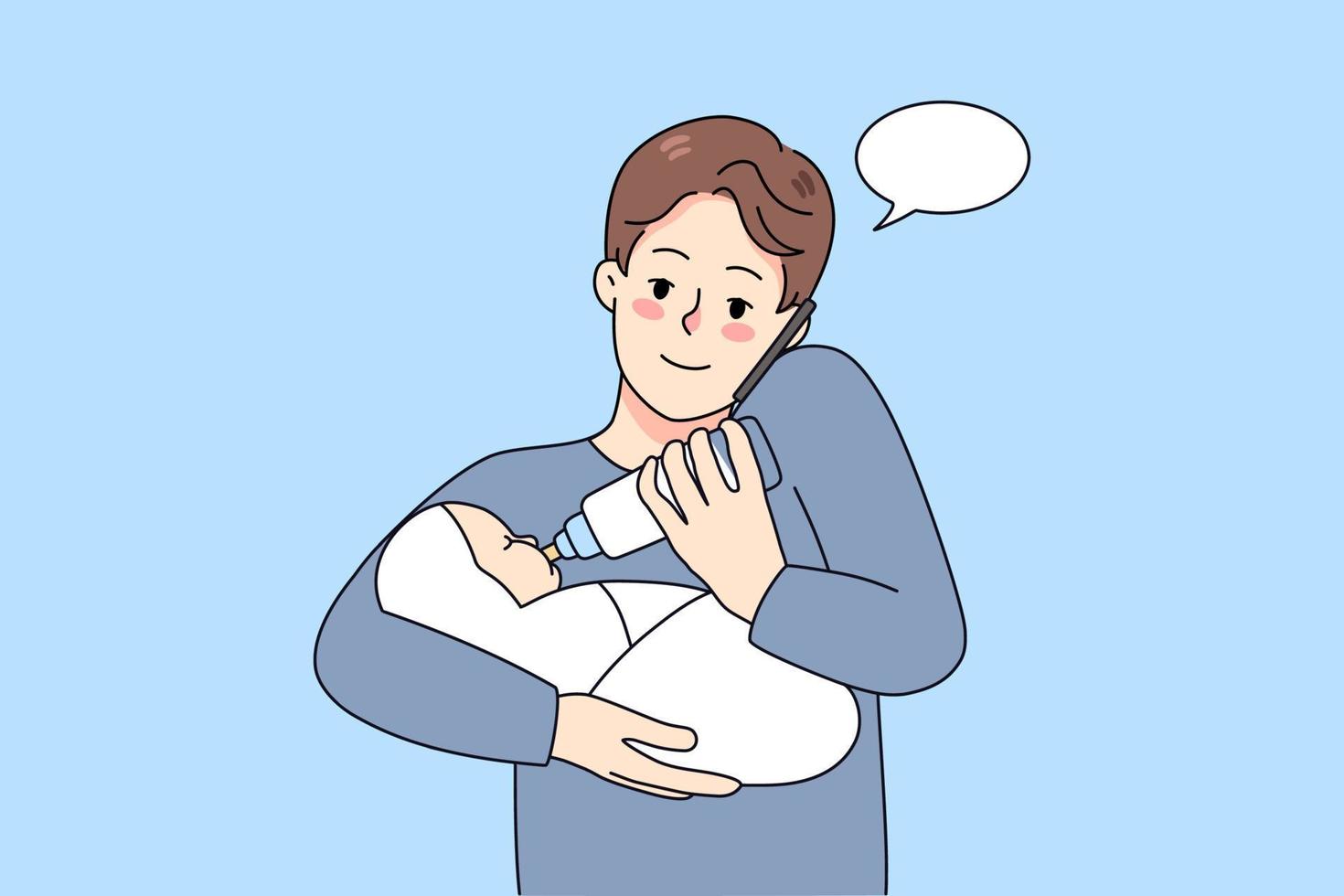 Young father multitasking feeding newborn kid talking on phone. Dad taking care of child and speaking on cellular. Parenthood concept. Vector illustration.