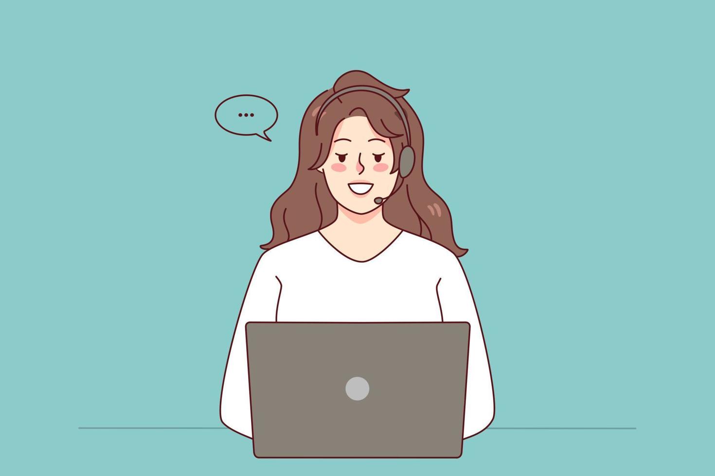 Woman in headphones working on computer in office online. Smiling female call center agent in headset talking with customer using laptop. Helpline. Vector illustration.
