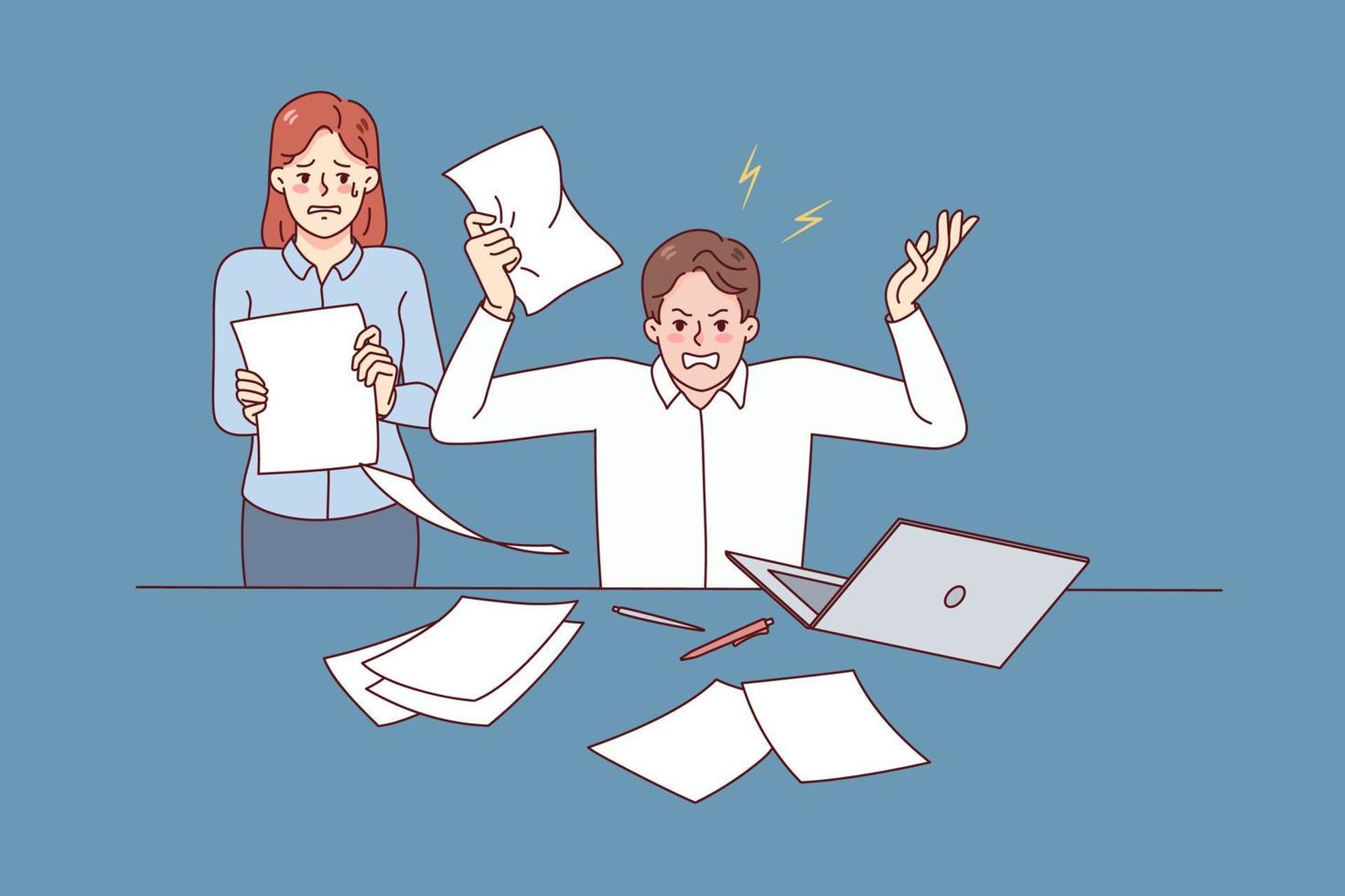 Furious boss yelling lecturing scared female secretary in office. Man businessman stressed at workplace scolding employee throwing papers. Vector illustration.