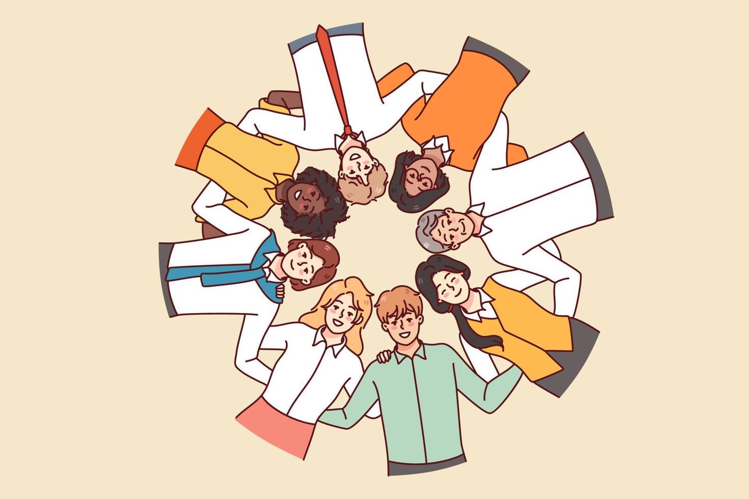 Bottom view of diverse multiracial people stand in circle hugging showing unity and support. Multiethnic men and women embrace demonstrate shared values. Vector illustration.