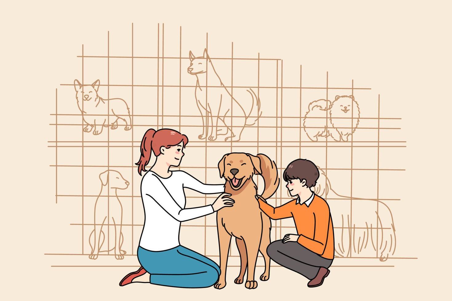 Happy mother and son caress dog adopt animal from shelter. Smiling mom and child take pet from animal center for homeless dogs. Puppy adoption. Vector illustration.