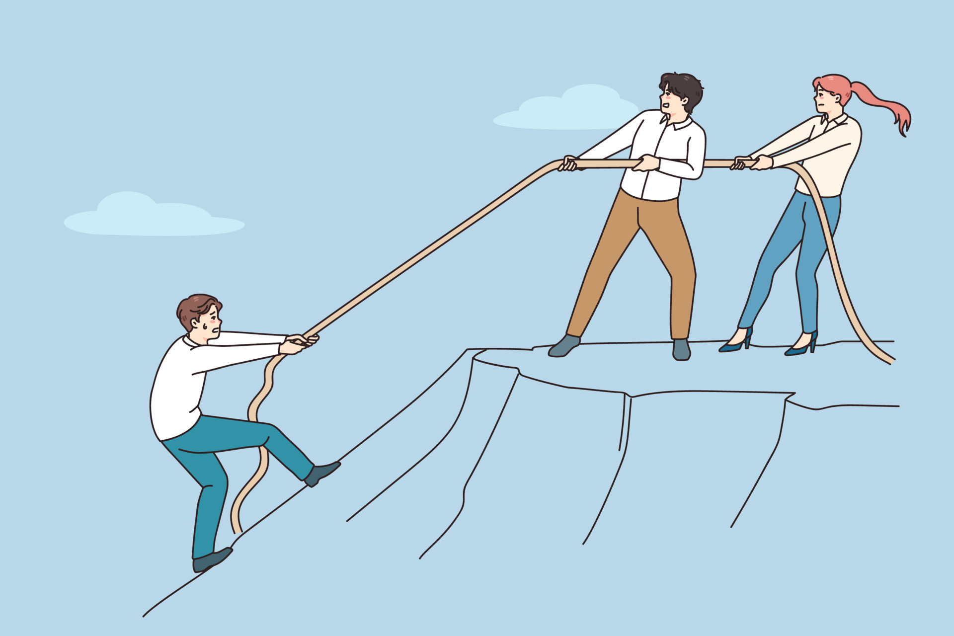 Diverse employees throw rope help colleague climb up hill. Coworkers help person showing support