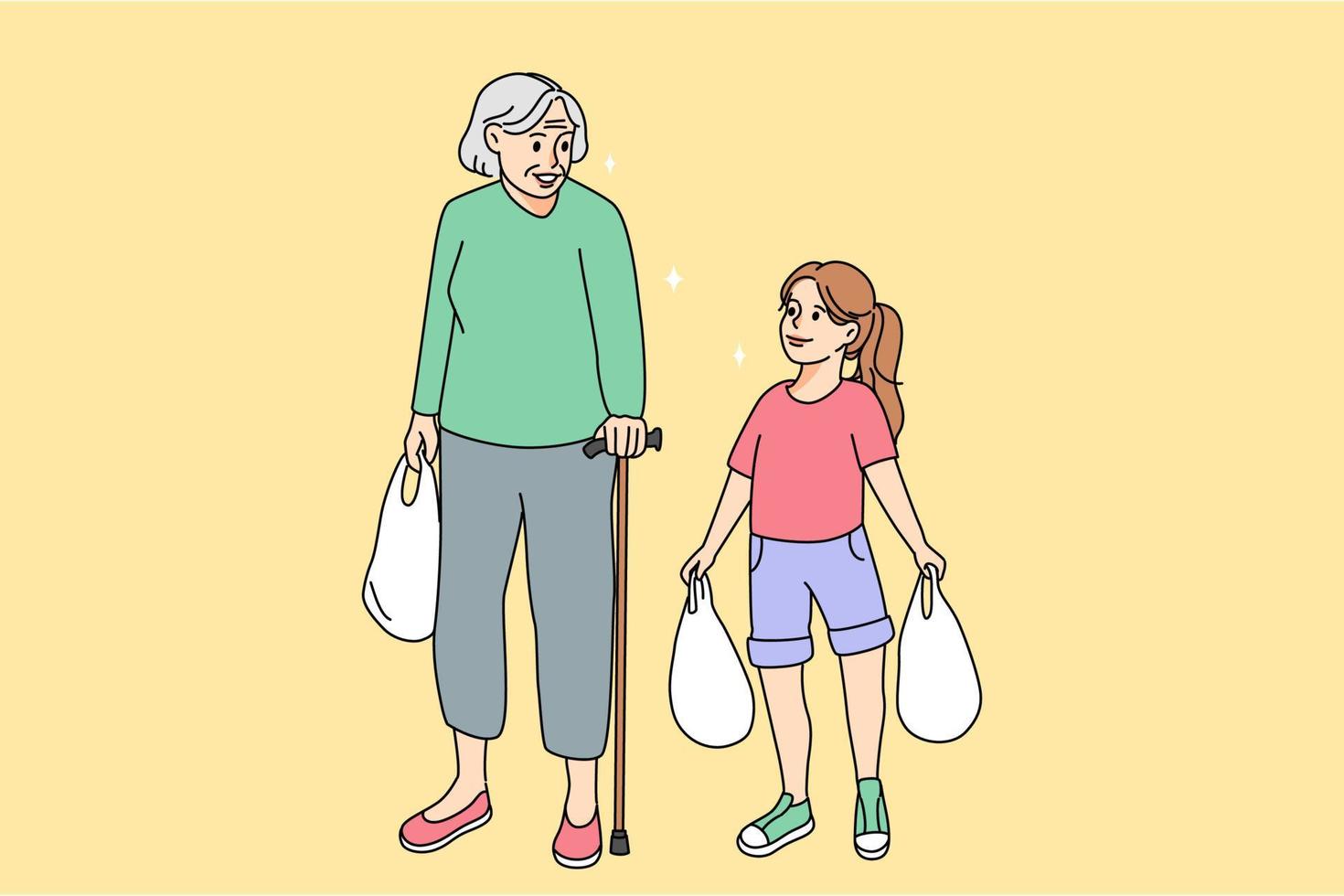 adolescente niña llevar pantalones Ayudar mayor mujer con tienda de comestibles compras. tipo cuidando nieta sostener productos ayuda antiguo abuela con pesado paquetes más viejo y mas joven generación. vector ilustración.