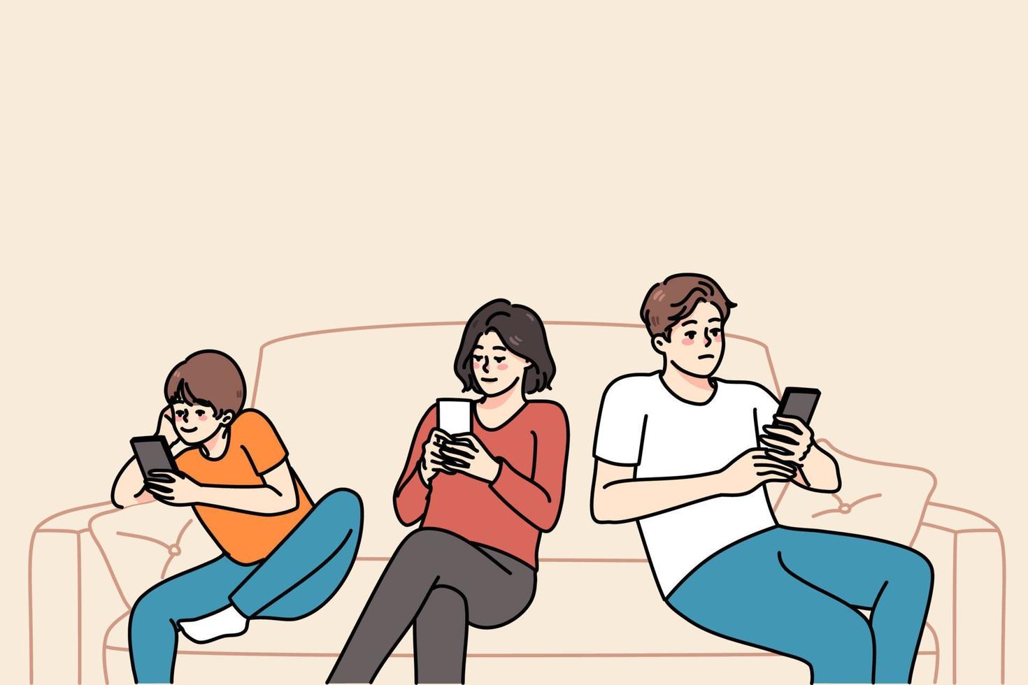 joven familia con niño sentar en sofá hojeada Internet en moderno teléfono inteligente padres y pequeño niño fanático a celulares, utilizando artilugio juntos a hogar. tecnología adiccion. vector ilustración.