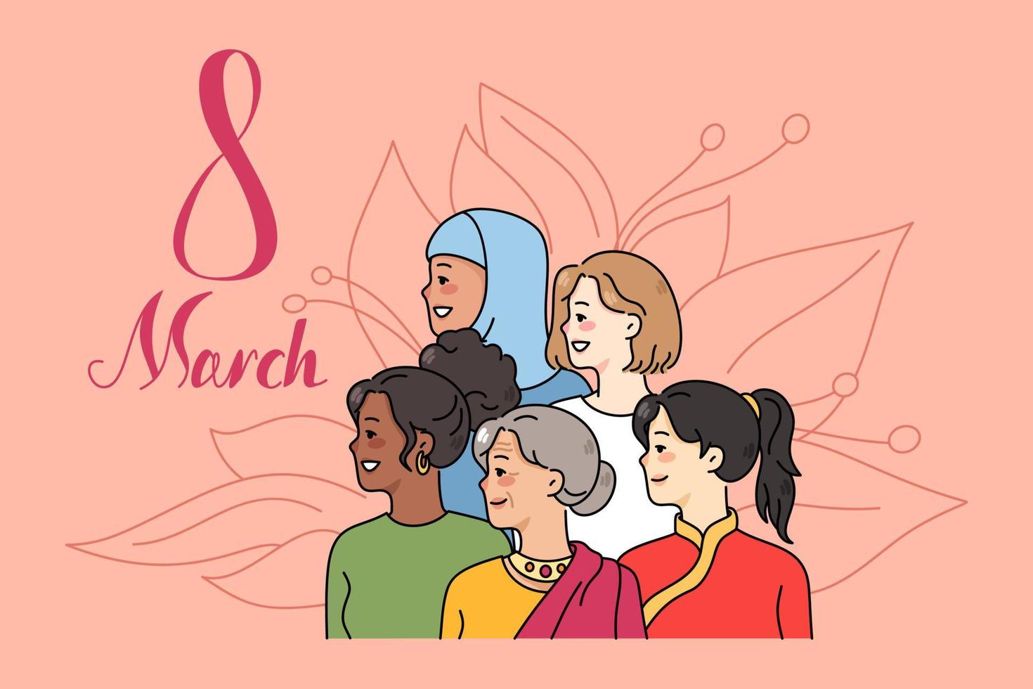 Diverse women look aside celebrate international women day. Multicultural females on 8 march celebration. Woman rights concept. Equality and feminism. Vector illustration.