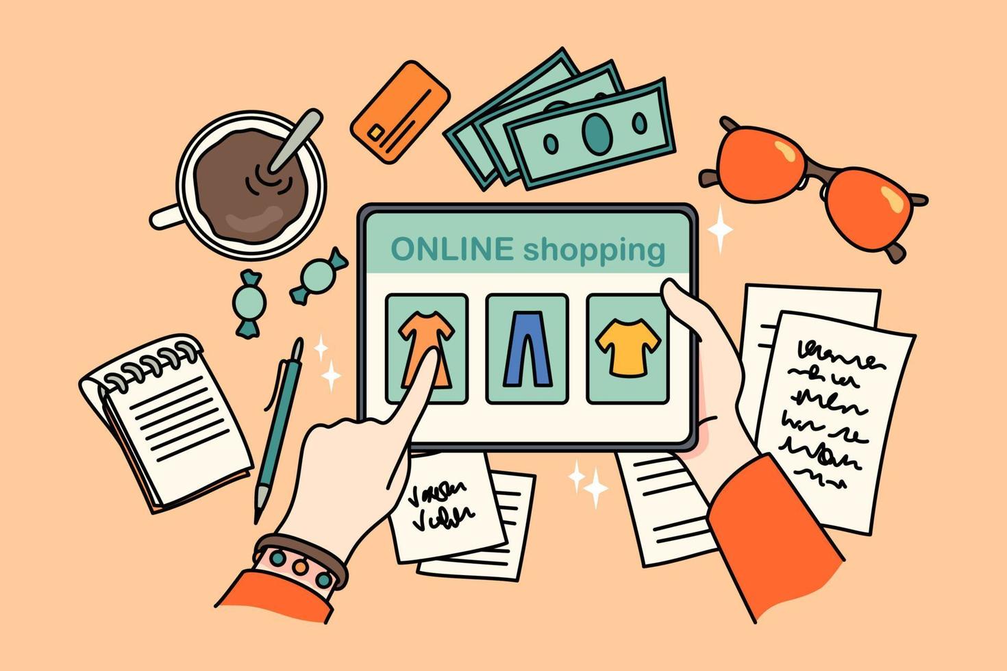 Top view closeup of person sit at table shopping online on tablet gadget. Woman buy clothing on internet on modern pad device. Web order, fashion and consumerism. Vector illustration.