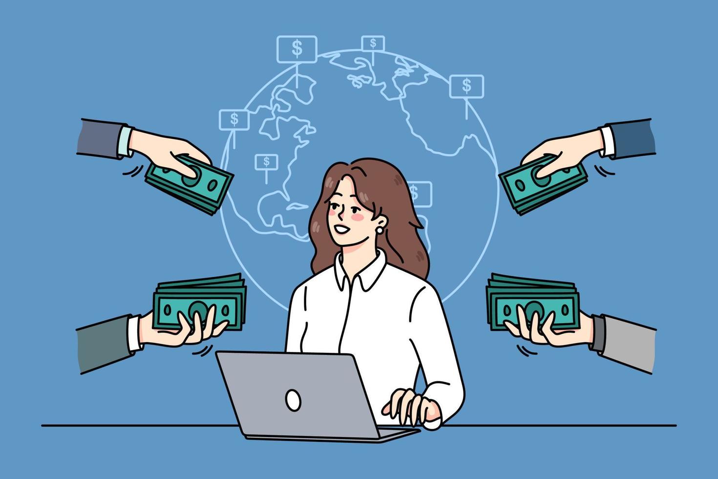 exitoso mujer de negocios trabajo en línea en computadora obtener contratos alrededor el mundo. hembra persona de libre dedicación obtener dinero o financiero compensación para web trabajo. Lanza libre. vector ilustración.