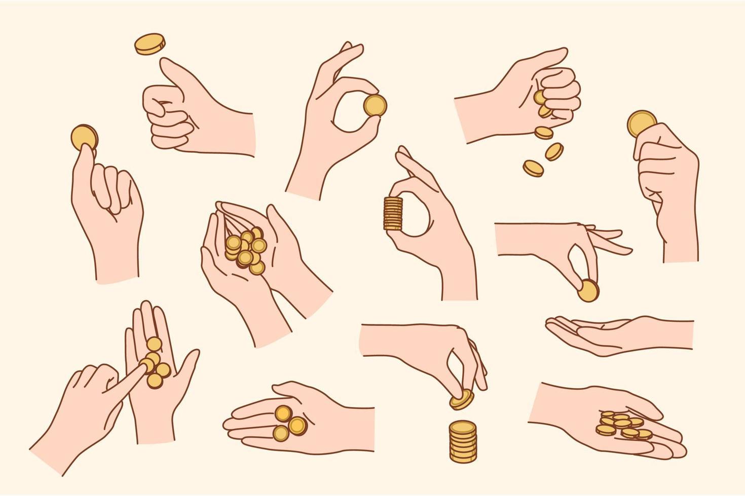 Set of person hand with golden coins counting and playing with. Collection of people with money in arms. Finance and banking. Saving concept. Flat vector illustration.