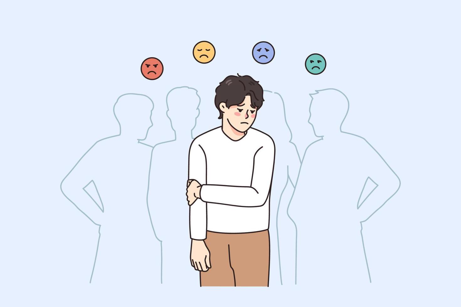 Sad guy feel lonely and uncomfortable in society. Unhappy young man suffer  from solitude and loneliness in crowd, have various emotions. Frustration  and depression. Vector illustration. 20549217 Vector Art at Vecteezy