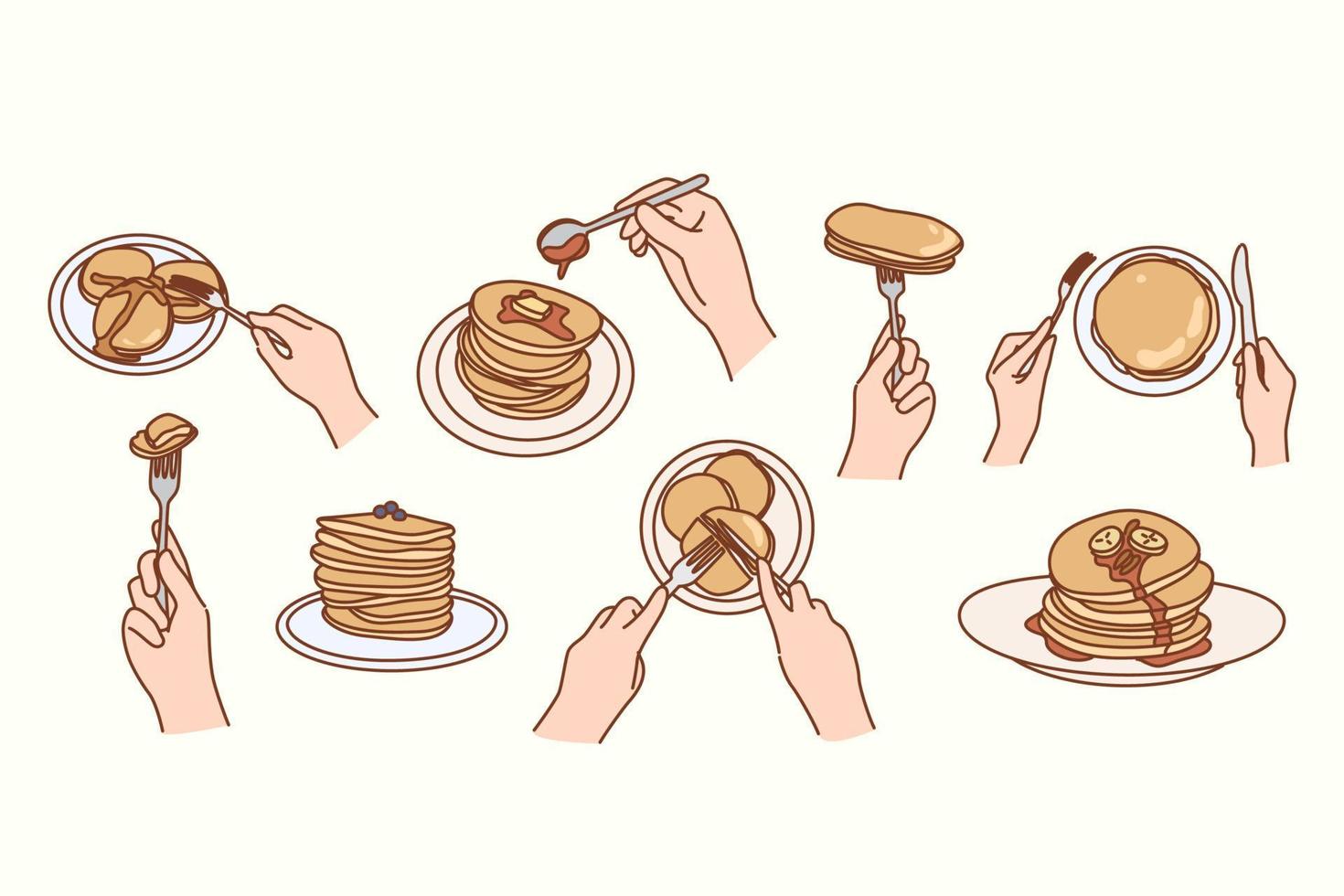 Set of person eating fluffy pancakes with butter, banana and maple syrup. Collection of woman enjoy tasty American breakfast at home. Cafe or restaurant menu. Vector illustration.