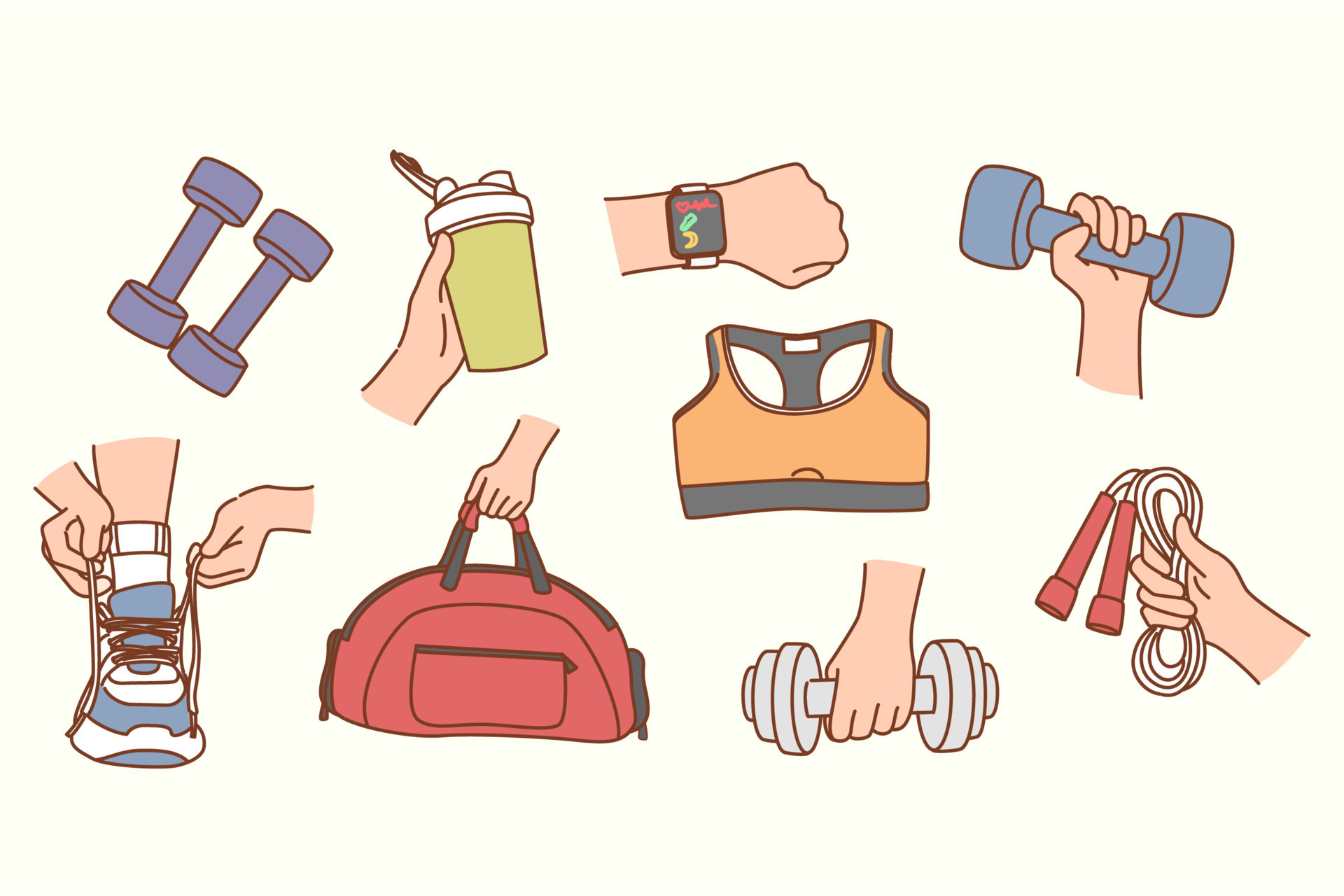 Sports young girl demonstrates muscles. Set of various sports equipment.  Various isolated fitness equipment, gym accessories. The concept of a  healthy lifestyle. Modern hand drawn vector illustrations 20308455 Vector  Art at Vecteezy