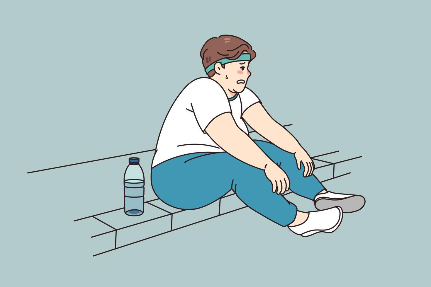 Tired fat man sit on sidewalk feel exhausted after exercising outdoors losing weight. Unhappy obese male have difficulties workout training in park. Diet and sport, weightloss. Vector illustration.