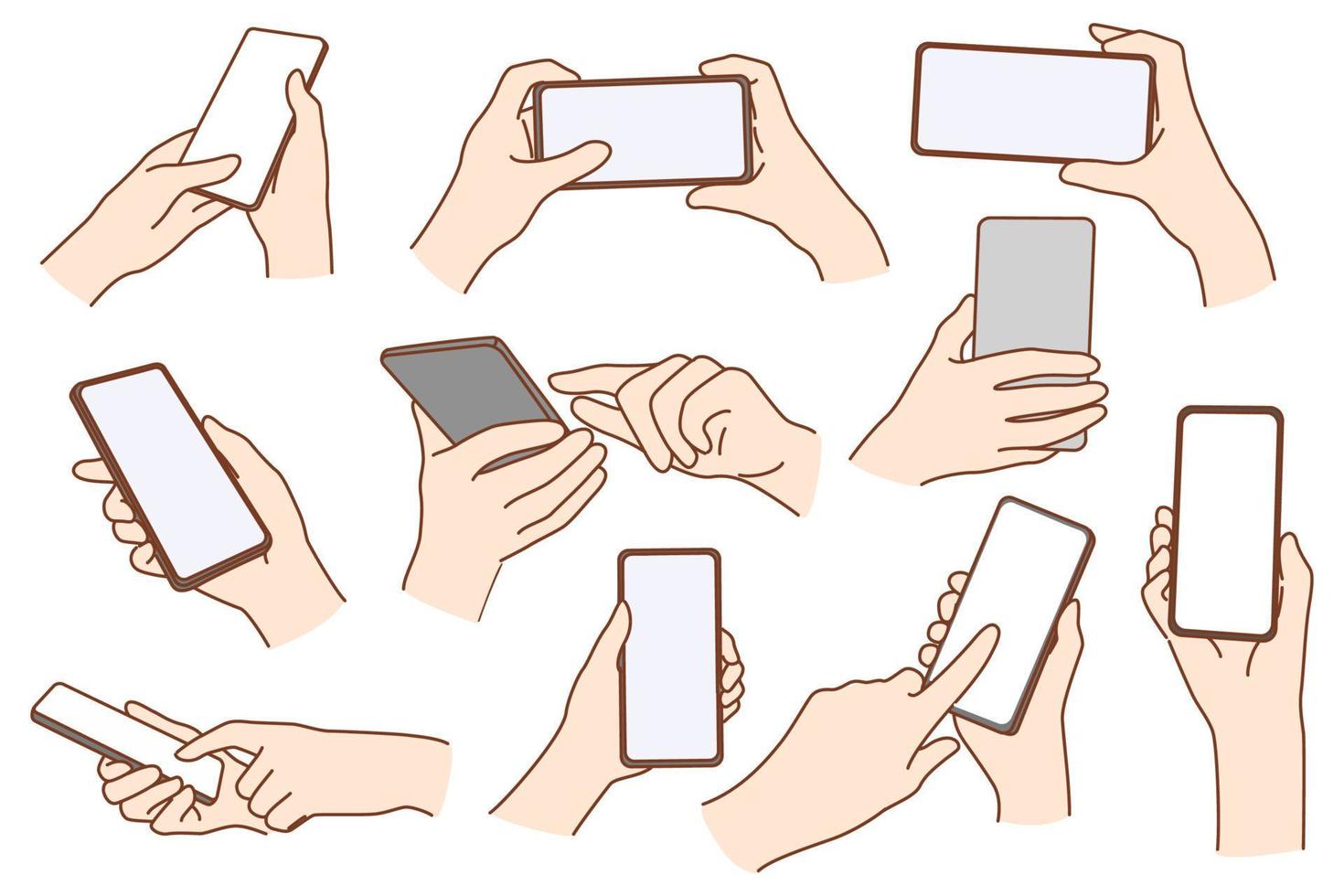 Set of people hold smartphone gadget with mockup screen use internet or social media. Collection of person user with cellphone browse surf modern device. Technology. Vector illustration.