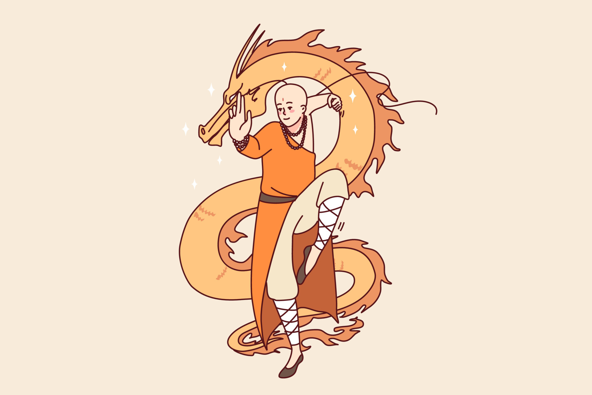 Tibetan monk with dragon painting in background. Asian man in