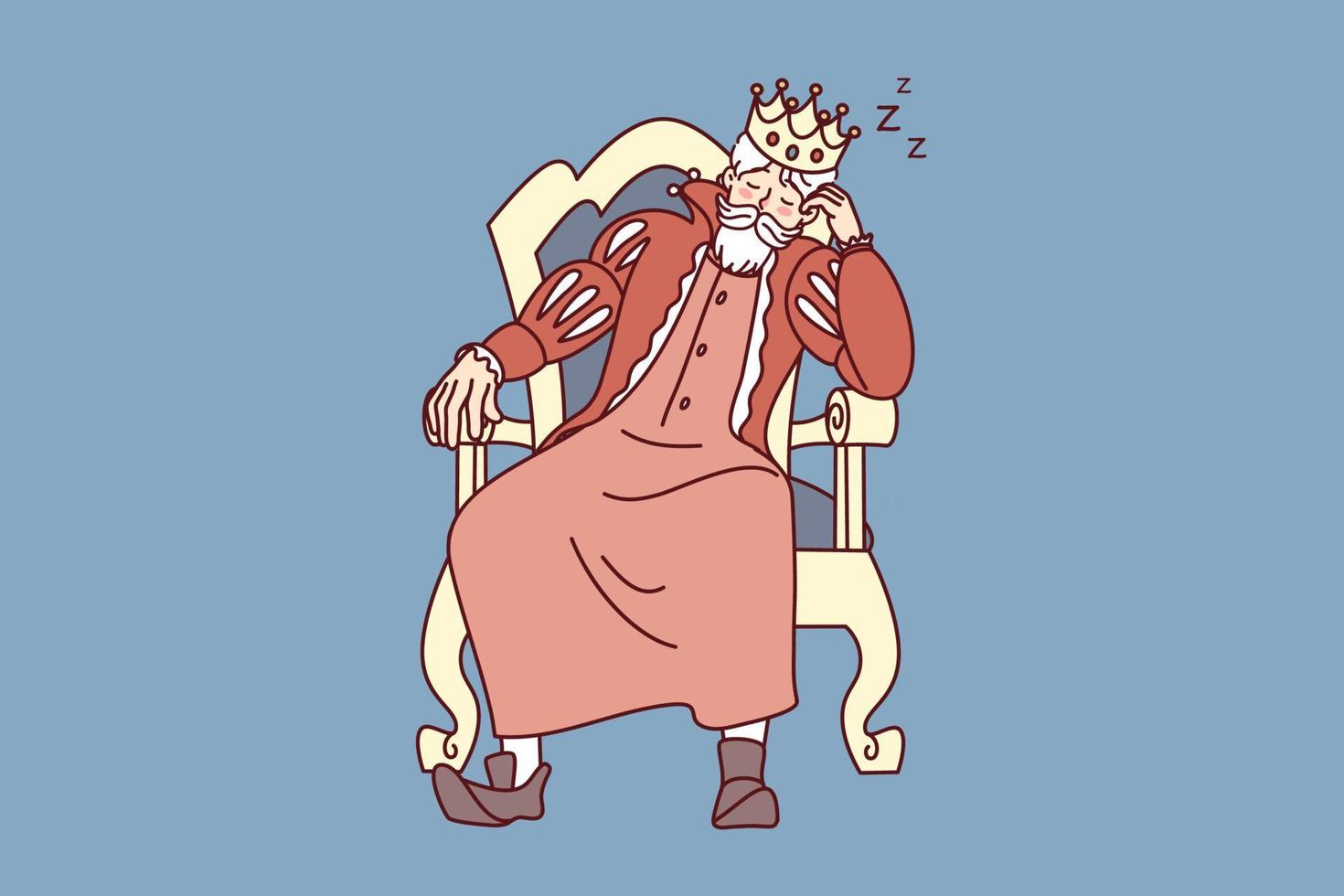 Bored king with crown on head fall asleep in chair. Tired monarch sleeping in armchair. Exhaustion and fatigue. Vector illustration.