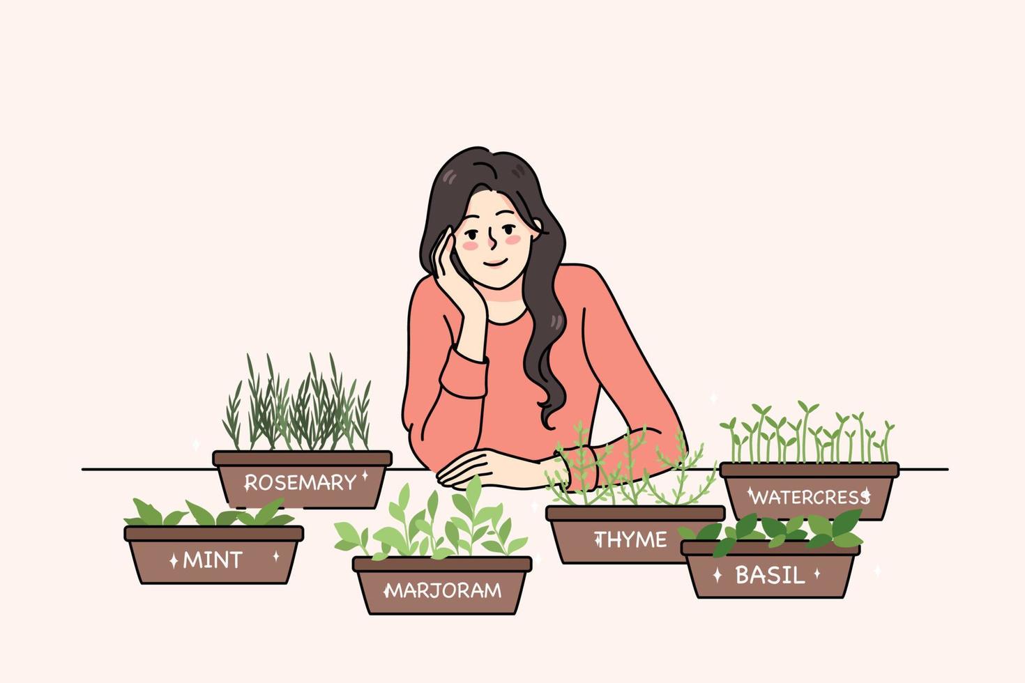 Happy young woman growing microgreen in pots at home. Smiling girl gardener take care engaged in herbs and sprouts growth at home. Gardening and greenery. Flat vector illustration.