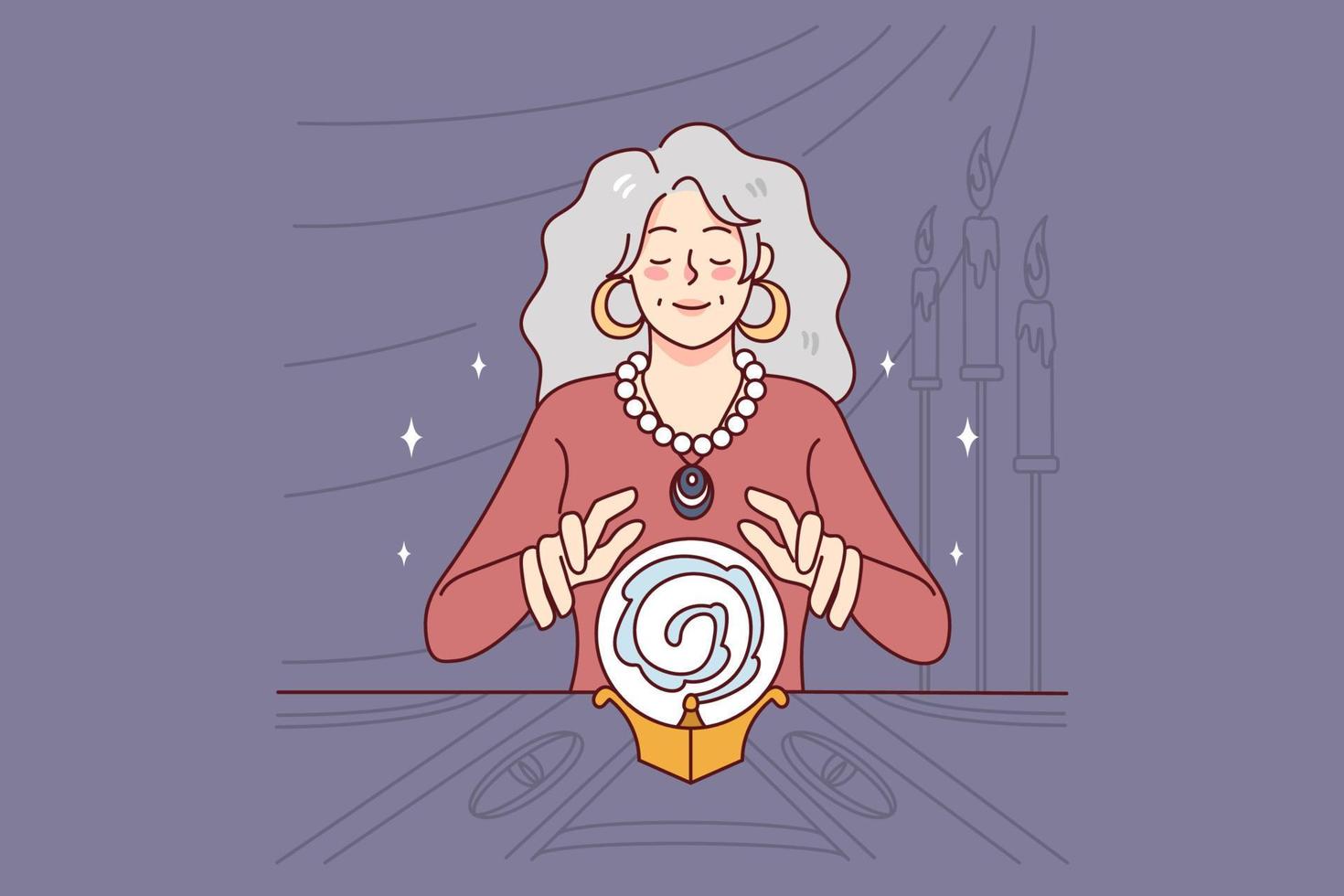 Female witch with magical crystal ball predicting future. Woman fortune teller reading destiny in dark room. Magic and superstition. Vector illustration.