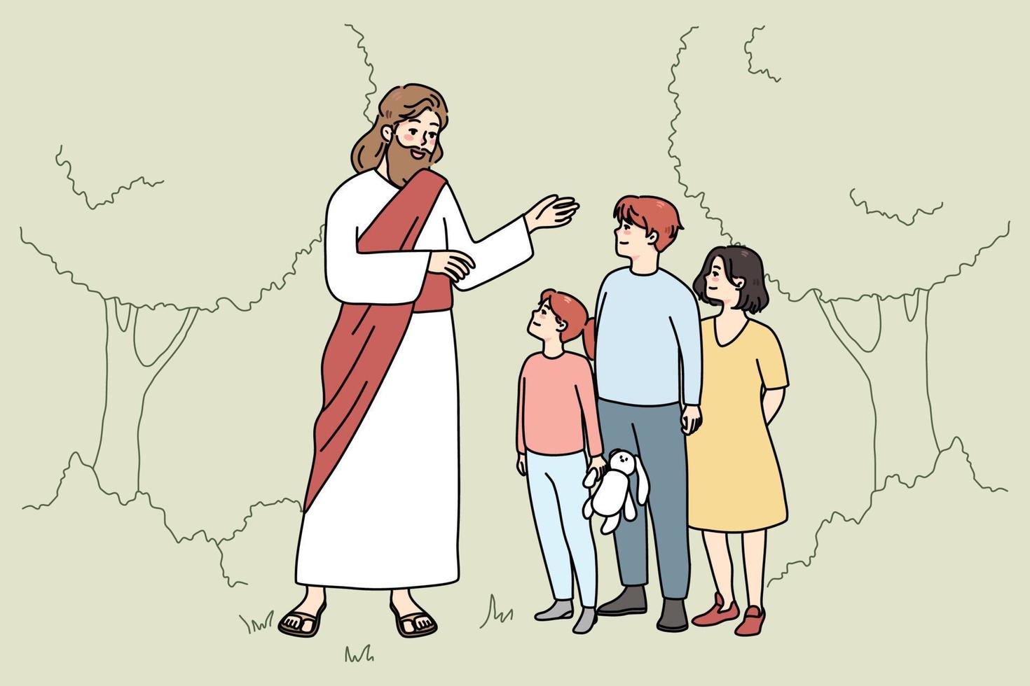 Smiling Jesus Christ talking with small children in garden. Caring Messiah speak with little kids outdoors. Religion and faith. Vector illustration.