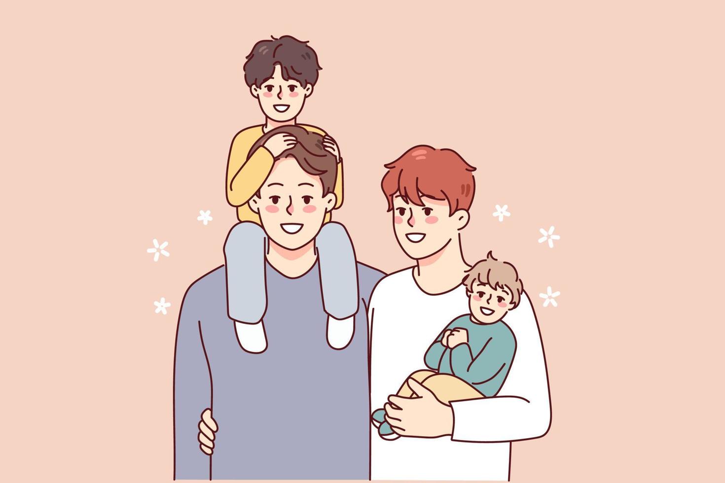 Happy homosexual men with small kids establish family. Smiling gay couple adopting children. LGBTQ parents. Vector illustration.