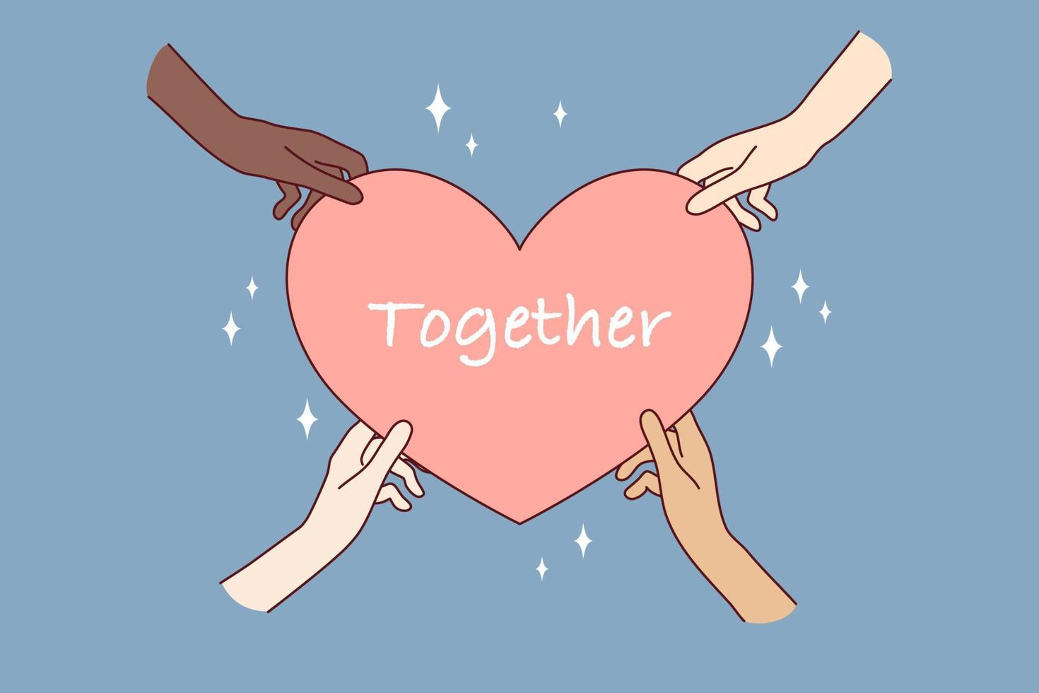 Multiethnic hands holding big heart showing respect and love. Diverse multiracial people demonstrate care and support. Friendship and togetherness. Flat vector illustration.