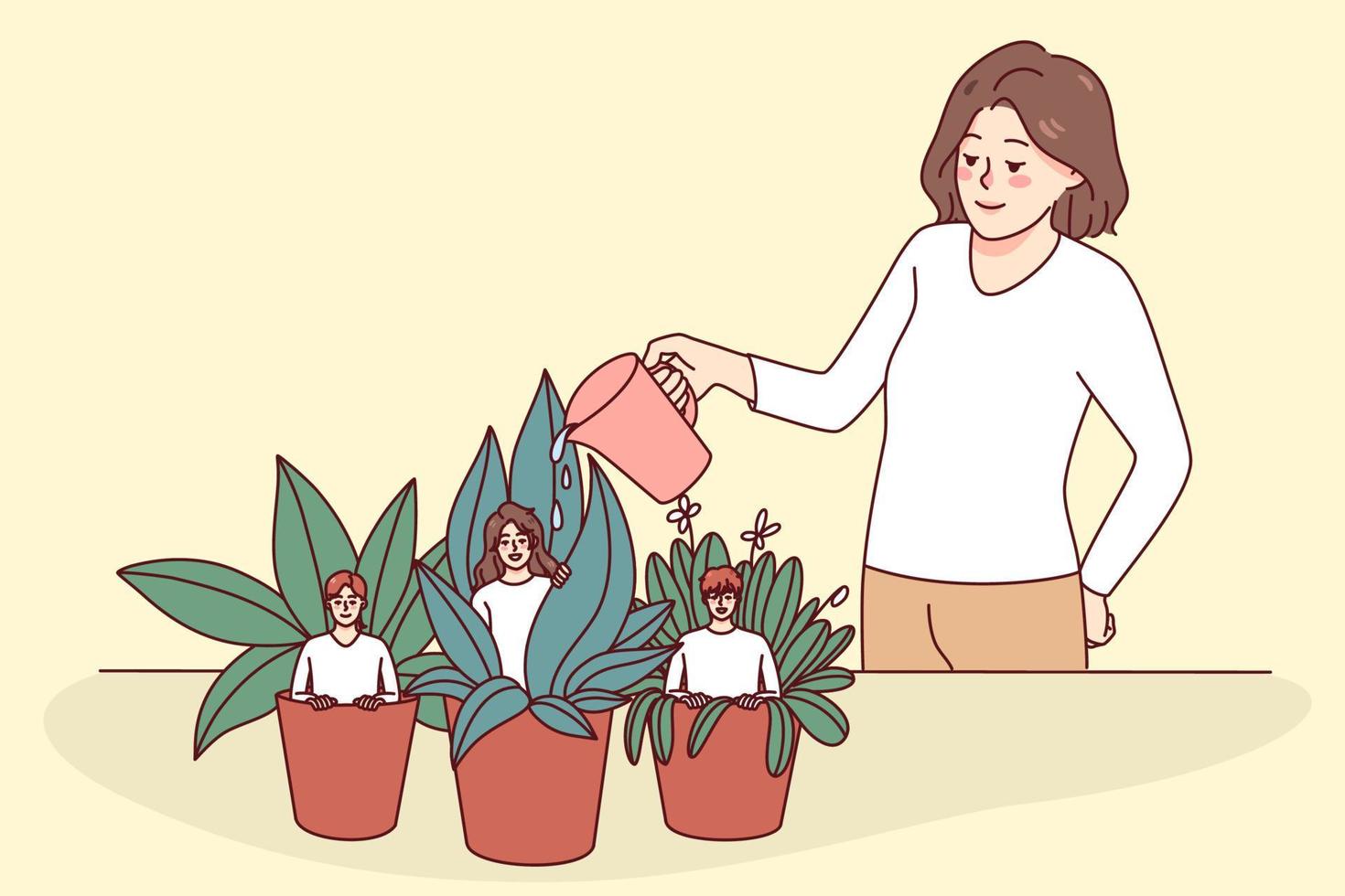 Employees sit in small pots and manager watering them. Boss or leader help workers to growth. Concept of mentorship and development. Vector illustration.