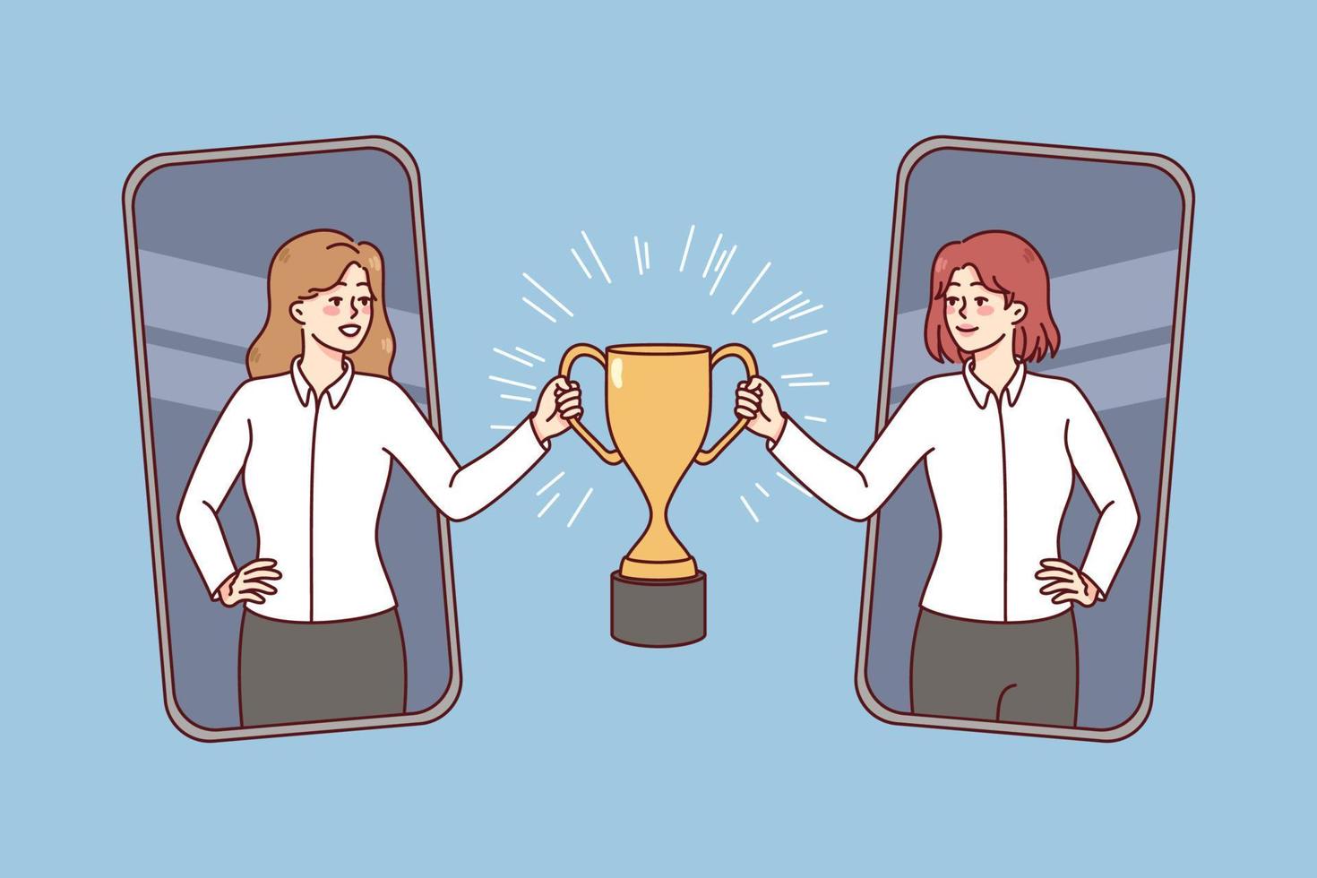 Happy businesswoman on smartphone screen stretch hand holding golden trophy together. Successful remote deal and online agreement. Flat vector illustration.