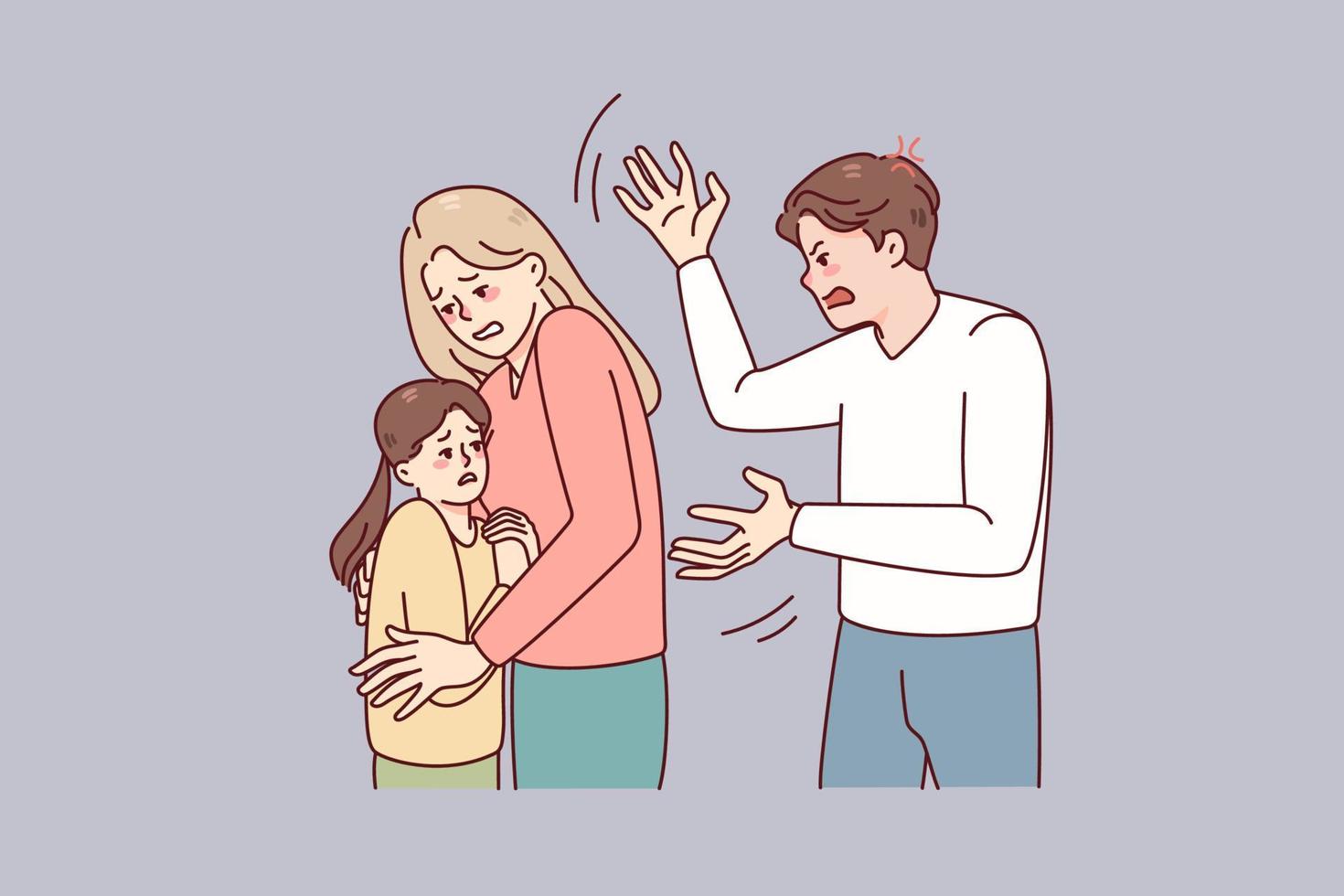 Mother protect child from aggressive father. Woman hide kid from authoritarian husband. Family conflict and domestic violence problem. Vector illustration.