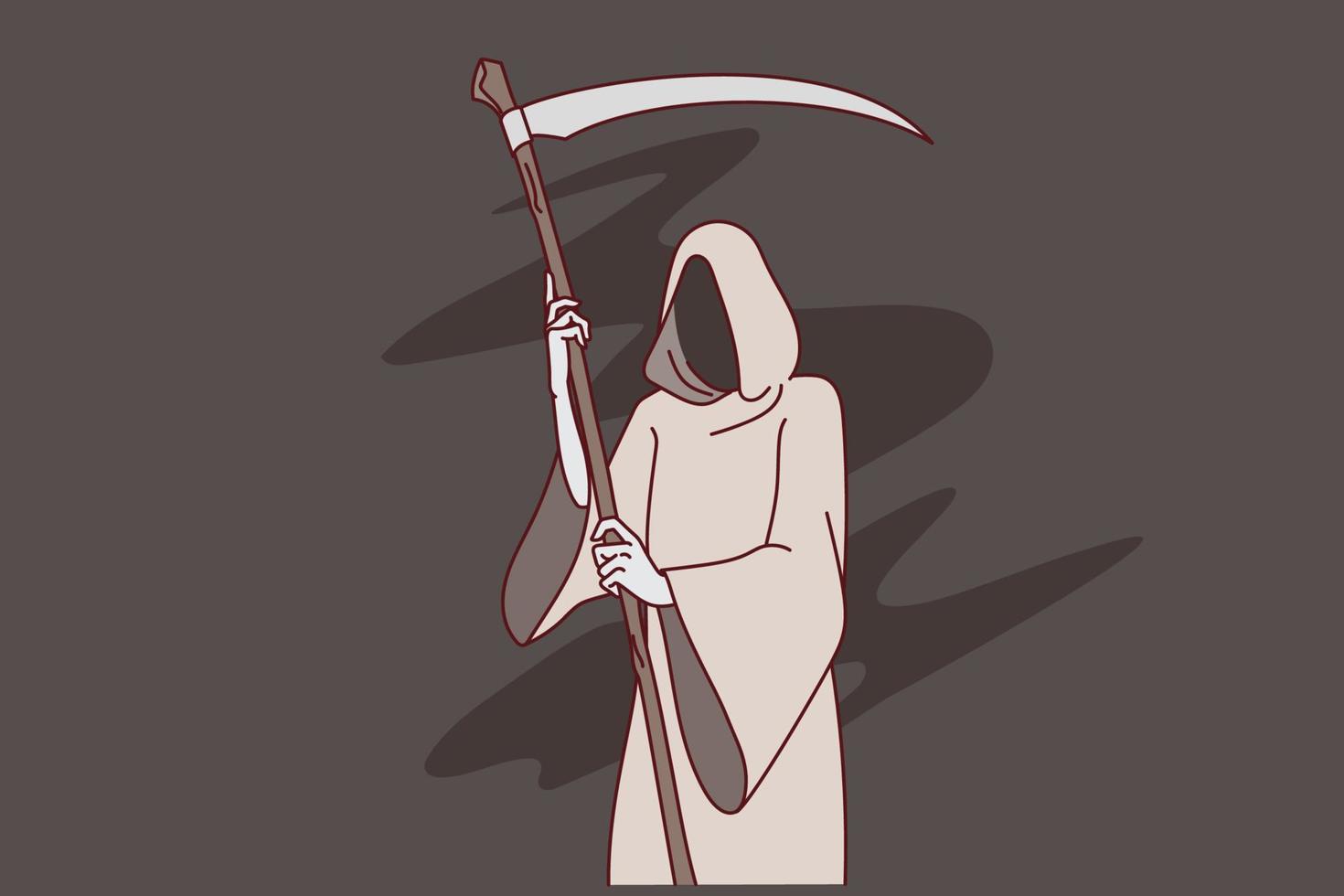 Grim reaper with scythe wearing robe representing death. Mythology concept. Flat vector illustration.