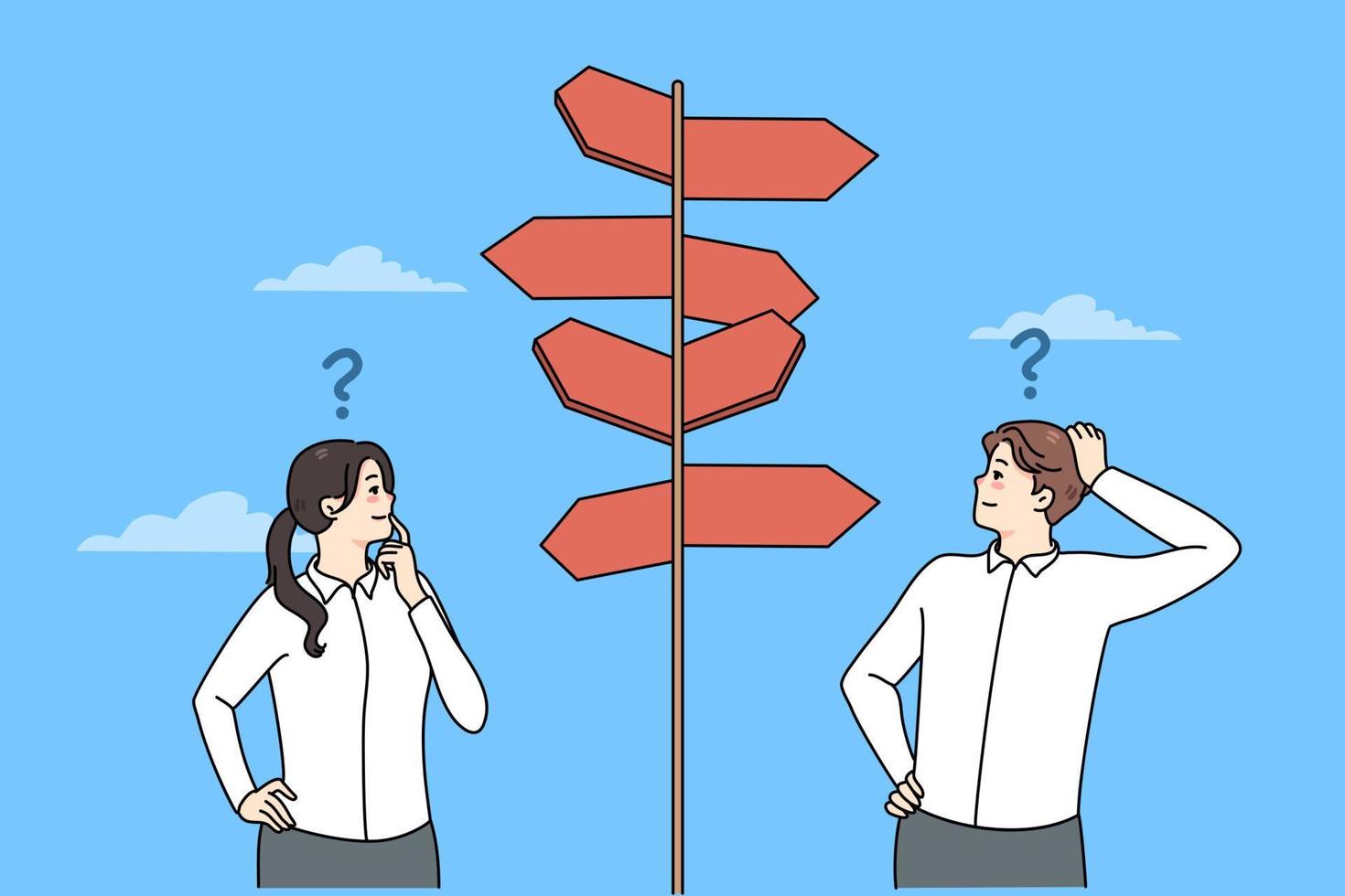 Confused employees standing near direction sign frustrated making decision together. Colleagues unsure about financial decision thinking and brainstorming. Dilemma. Vector illustration.