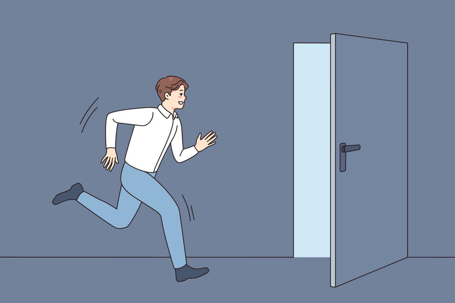 Young man running into open door strive for happy future and career success. Male in hurry move toward exit, escape from reality. Flat vector illustration.