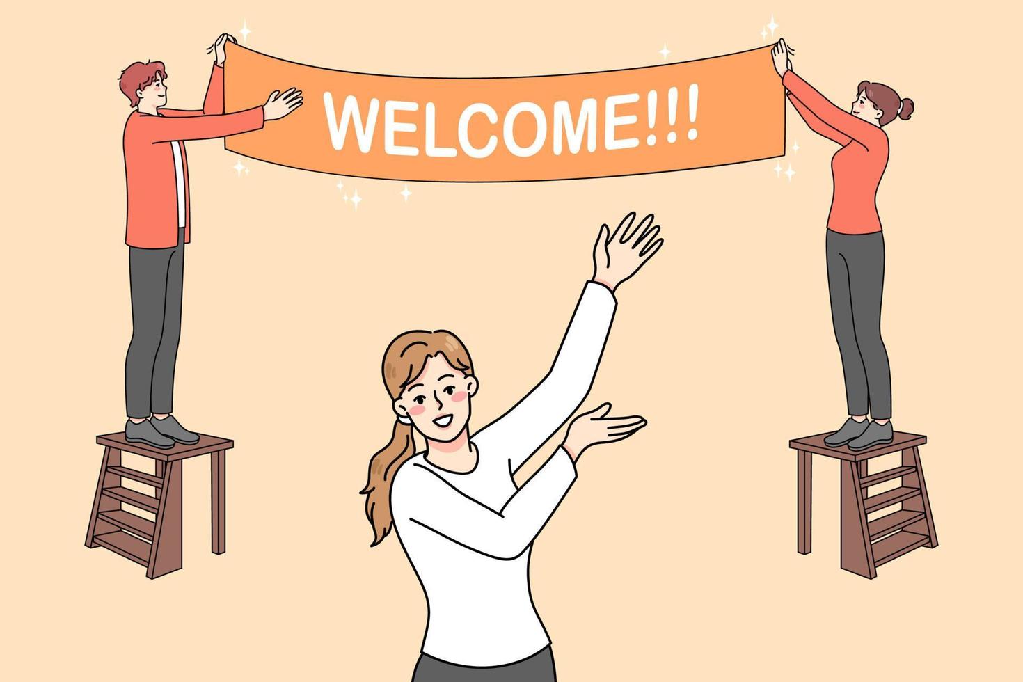 Happy people hanging Welcome banner inviting visitors to party or celebration. Smiling hosts decorating house entrance welcoming customers or passer-by. Vector illustration.