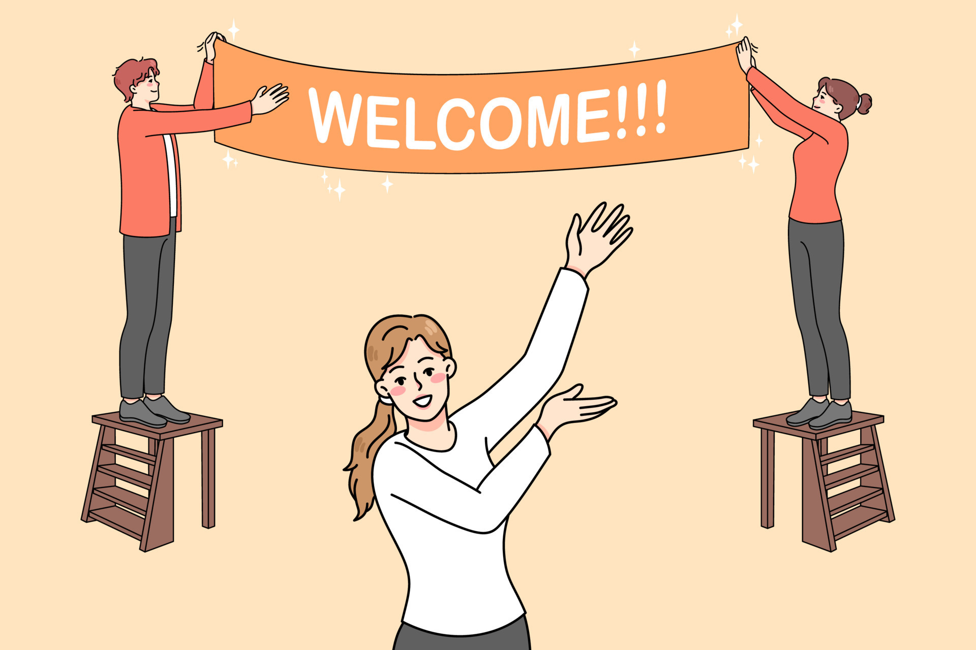 Happy people hanging banner inviting visitors to party or