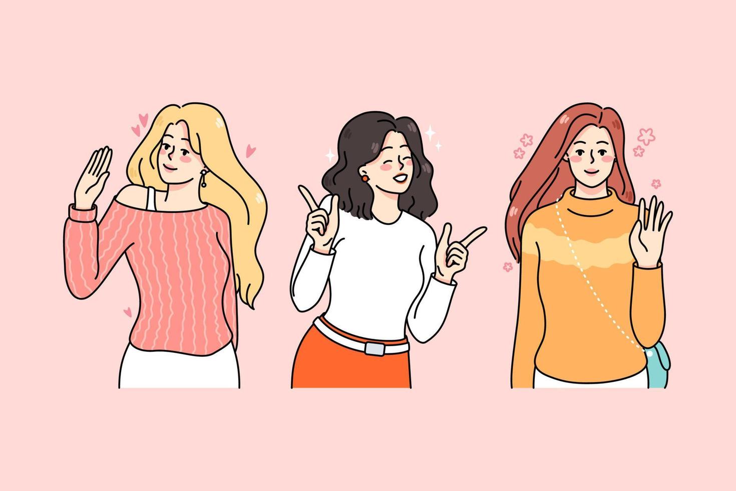 Smiling diverse young women having fun chilling out together. Happy female characters waving hand, laughing and greeting. Diversity concept. Flat vector illustration.