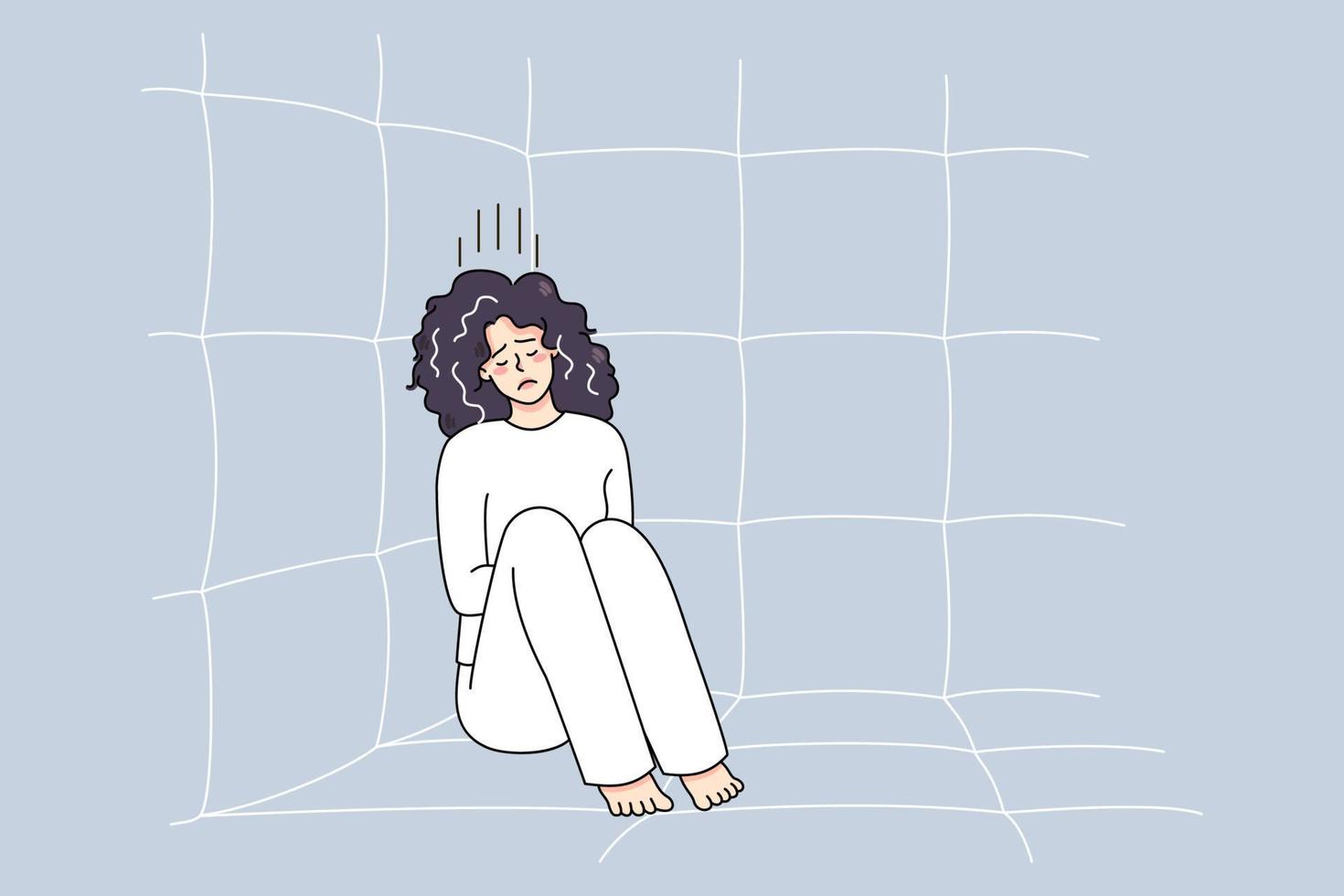 Unhappy sick woman in straitjacket sit on floor in psychiatric clinic suffer from mental disorder. Upset ill female patient or madhouse struggle with psychiatric issues. Vector illustration.
