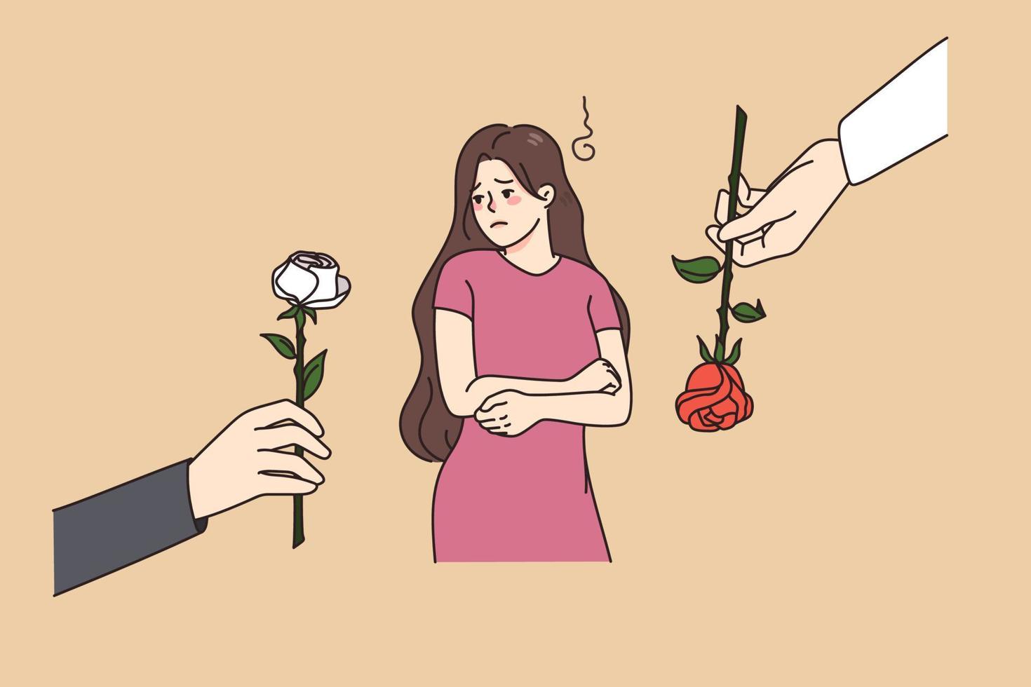 Unhappy beautiful girl refuse from flowers offered by various men. Guys present roses to pretty young woman feeling upset and lonely. Concept of attention and courtship. Vector illustration.