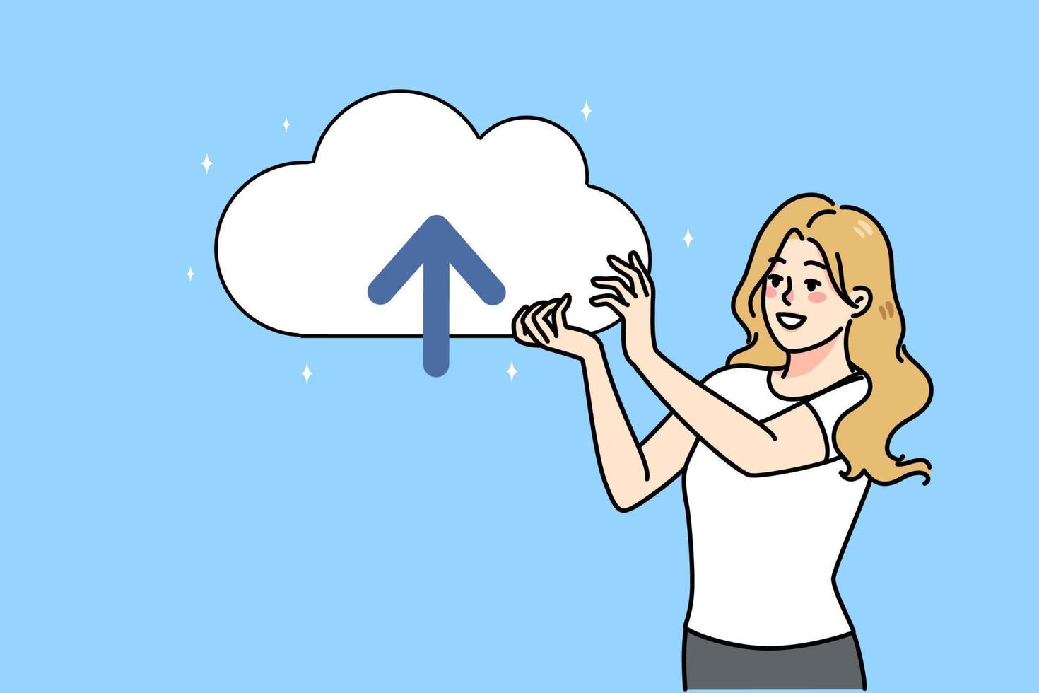 sonriente mujer sostener nube con flecha cara arriba enviar archivos en línea. contento hembra utilizar web almacenamiento servicios para ahorro y transferir archivos y datos. información subir y descargar. vector ilustración.