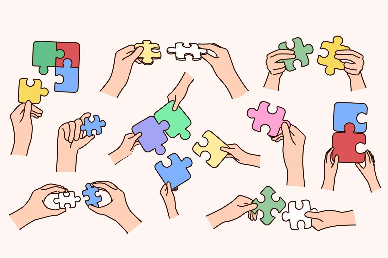 Collection of people hands holding connection jigsaw puzzles engaged in hobby activity. Set of person join puzzle find best solution or answer. Problem solving. Game and hobby. Vector illustration.