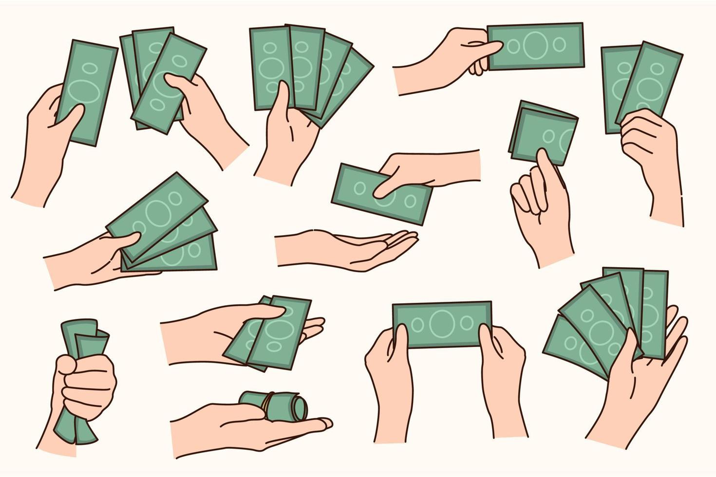 Set of people hands hold money banknotes. Collection of person with bills or cash. Bank credit and finances concept. Finance and financial stability. Vector illustration.