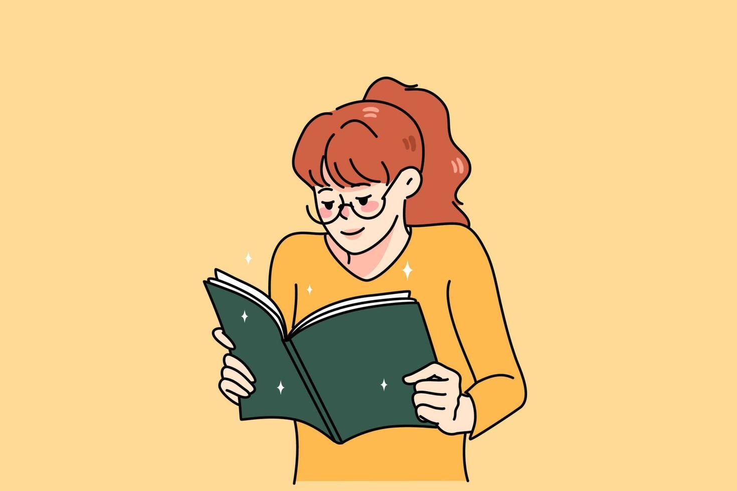 contento mujer leyendo libro comprometido en interesante novedoso. sonriente niña disfrutar literatura. ratón de biblioteca o Amante de libros concepto. educación y aprendiendo. plano vector ilustración.