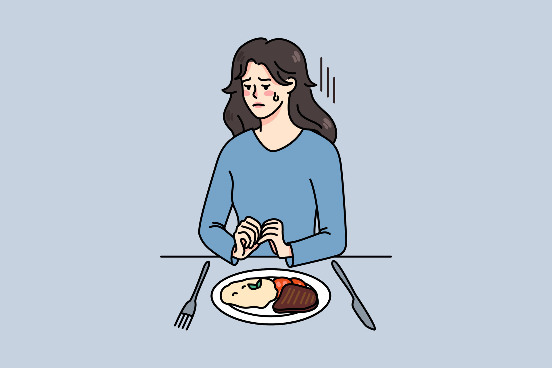 Unhappy young woman sit at table with food struggle with eating ...