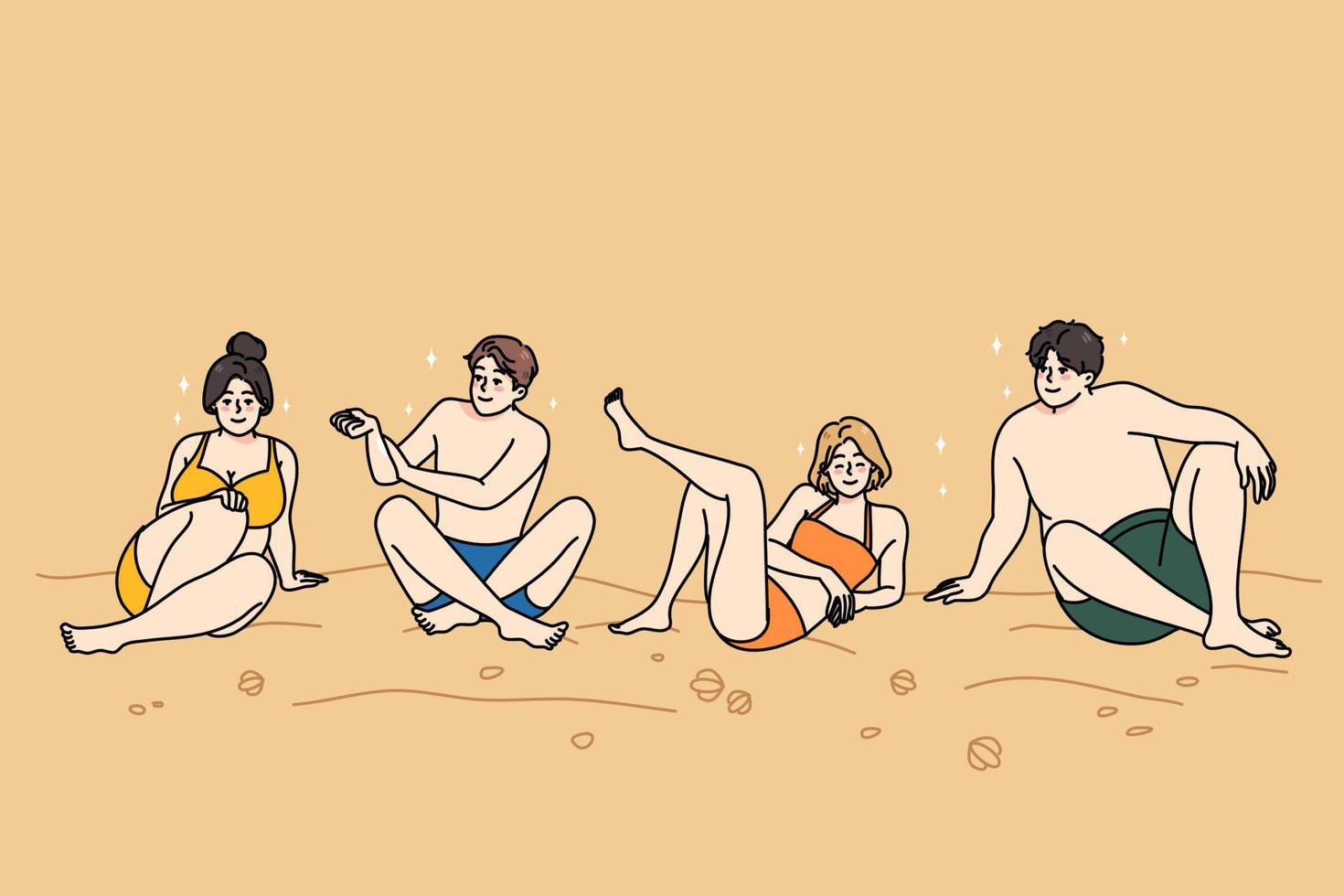 Happy people in swimsuit sit on beach enjoy summer vacation together. Smiling men and women in swimwear on sea coast relax on holiday. Travel and tourism. Vector illustration.