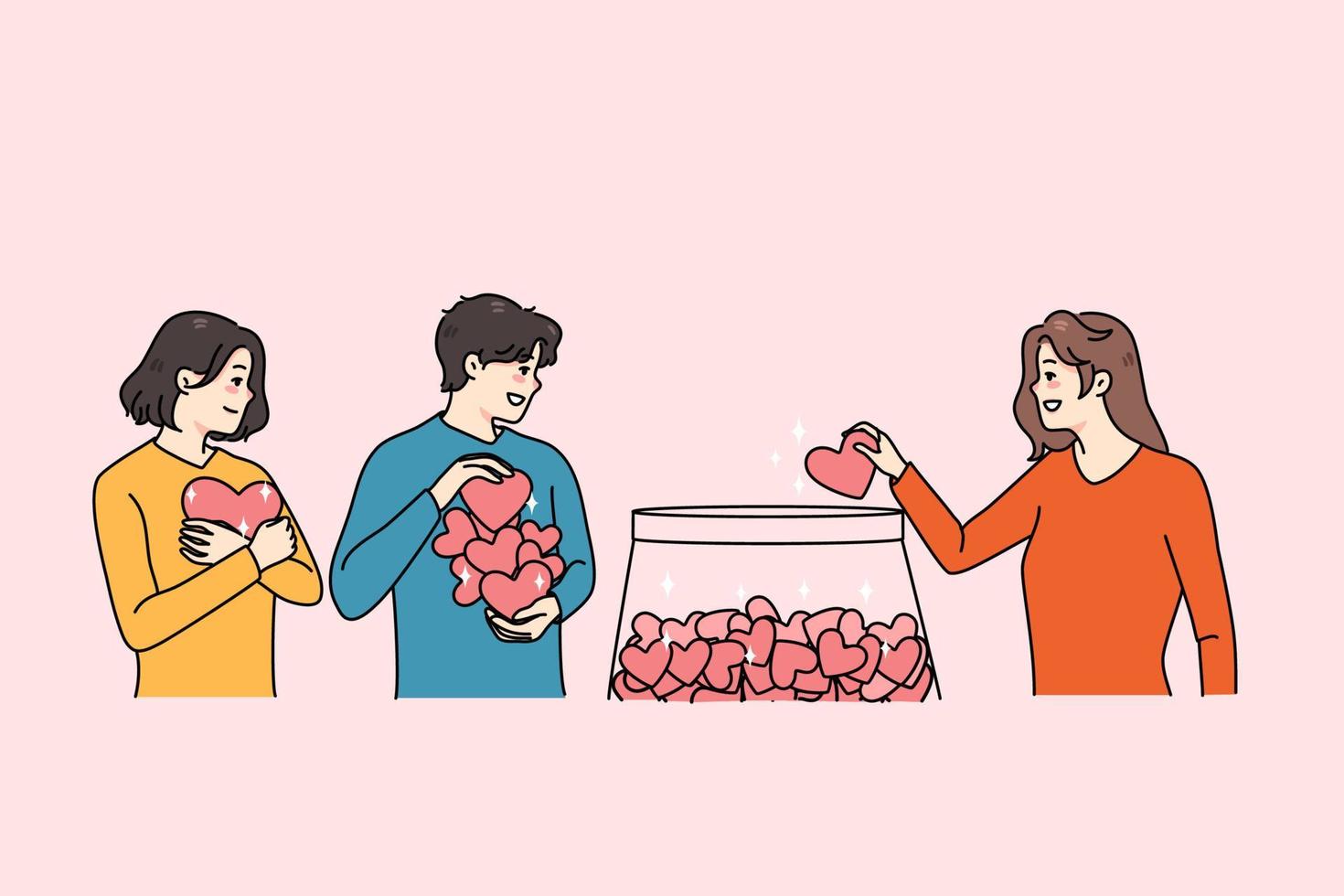 sonriente diverso personas con rojo corazones poner en tarro voluntario a necesitado personas contento hombre y mujer donar a caridad. donación y trabajar como voluntario concepto. plano vector ilustración.