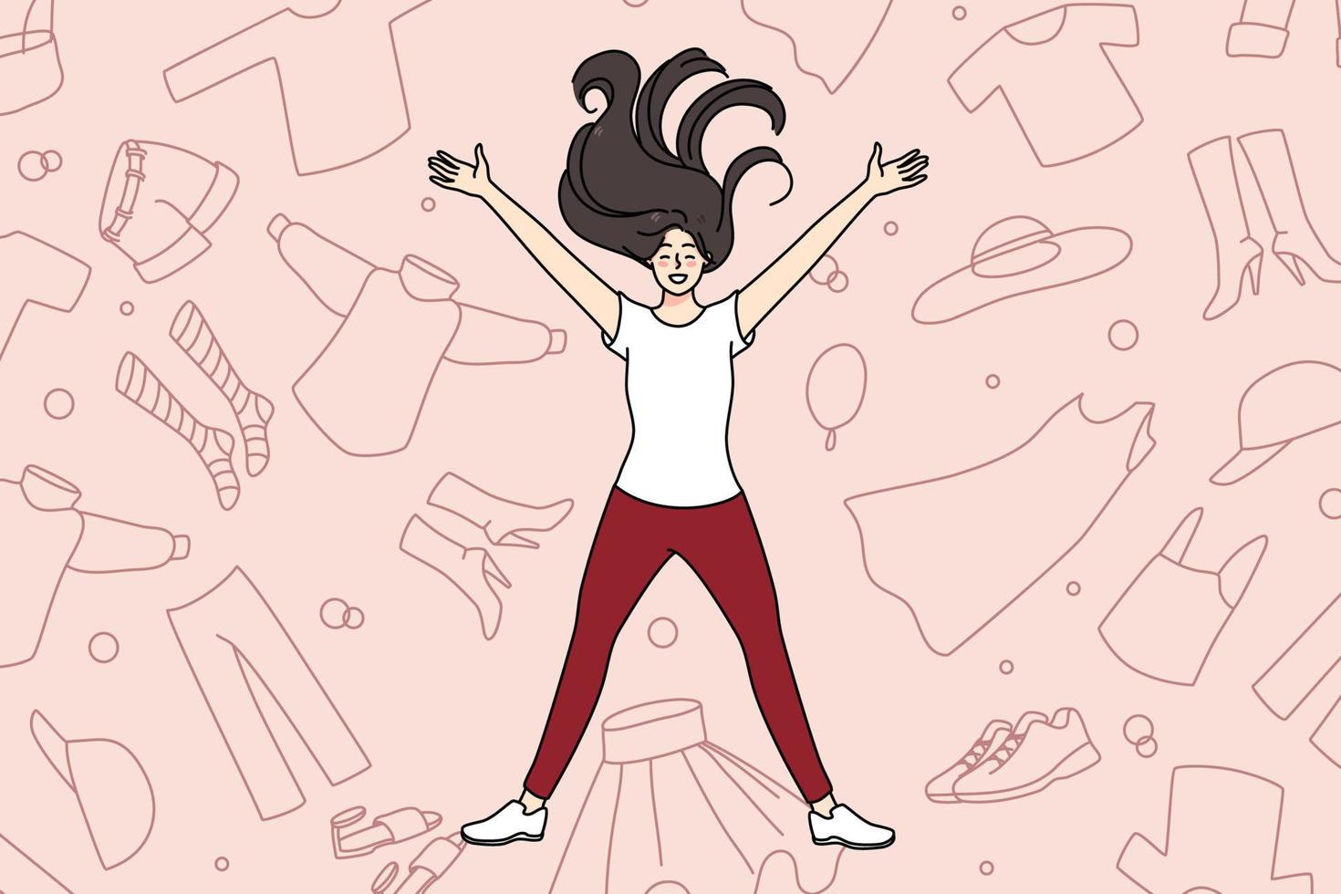 Overjoyed young girl lying among clothes excited with shopping and purchase. Smiling woman shopaholic with garment and apparel. Concept of consumerism and fast fashion. Vector illustration.