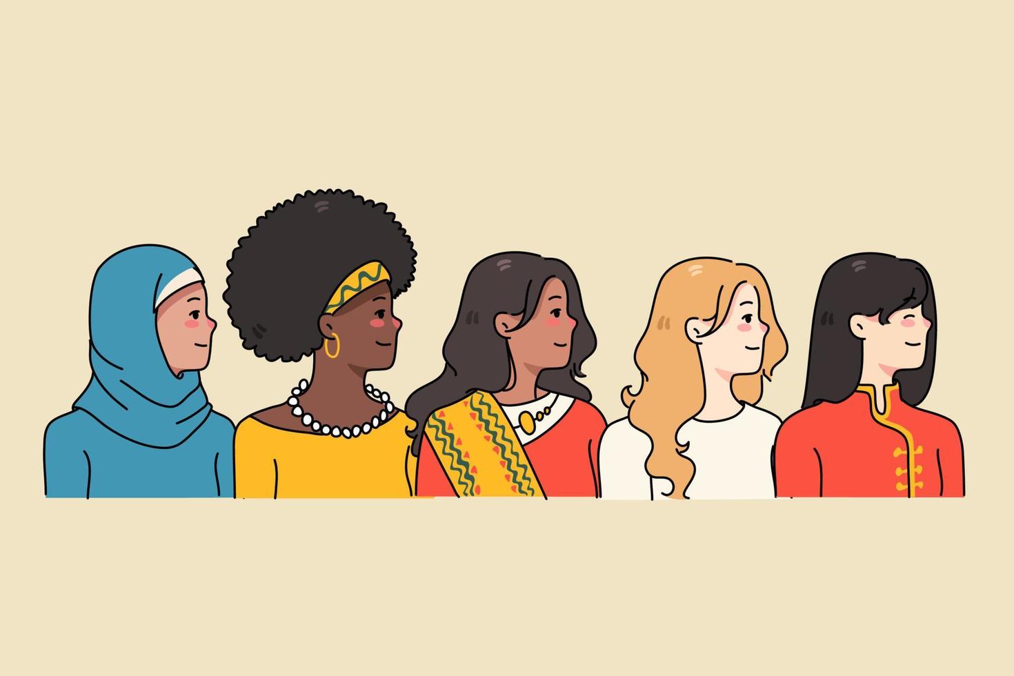 Diverse women of different nationalities in traditional clothes side profile view. Multiethnic females show world diversity and equality. Ethnicity concept. Feminist movement. Vector illustration.