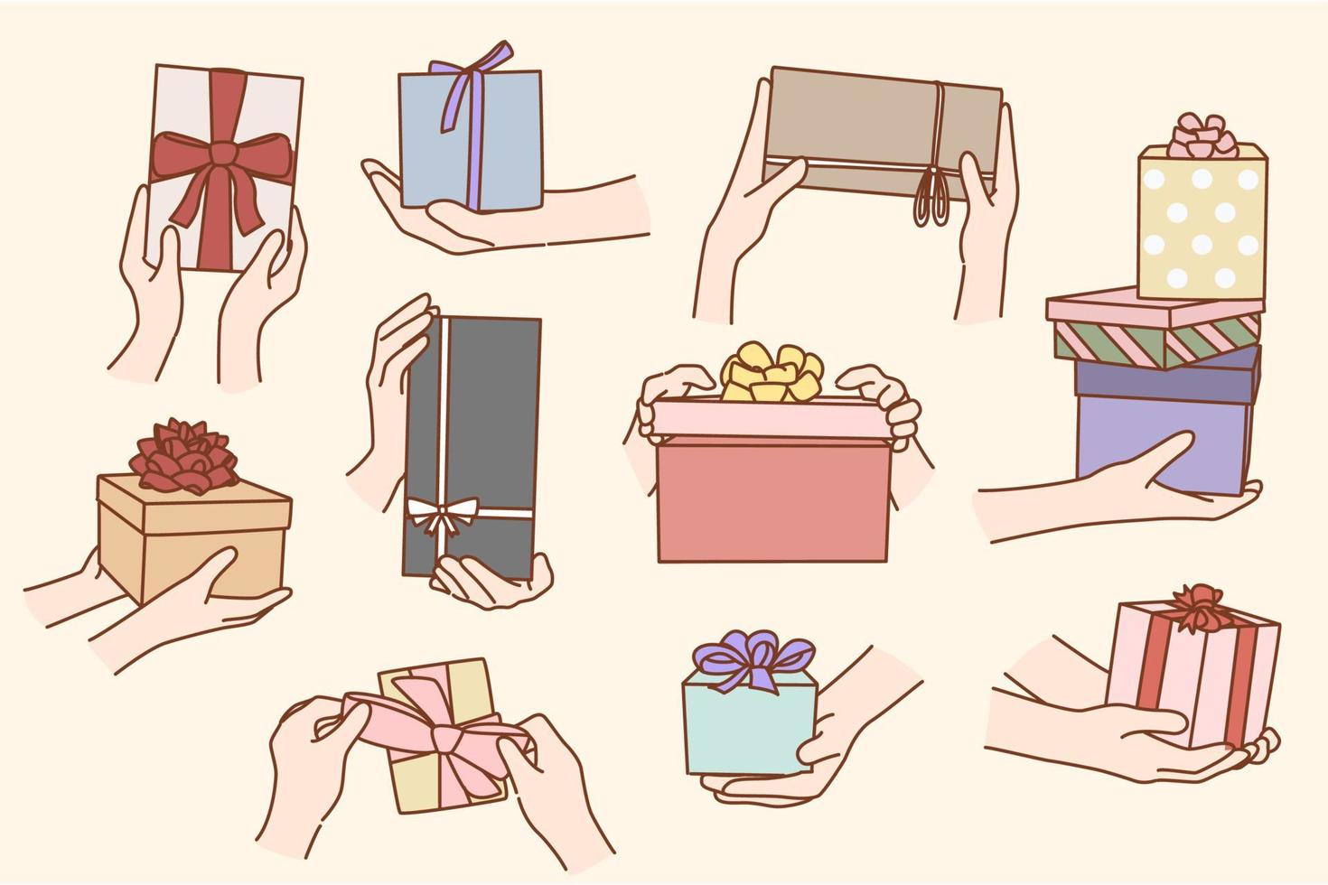 colección de personas sostener cajas felicitar saludar con cumpleaños o especial ocasión. conjunto de persona hacer sorpresa con regalos o presenta felicidades concepto. plano vector ilustración.