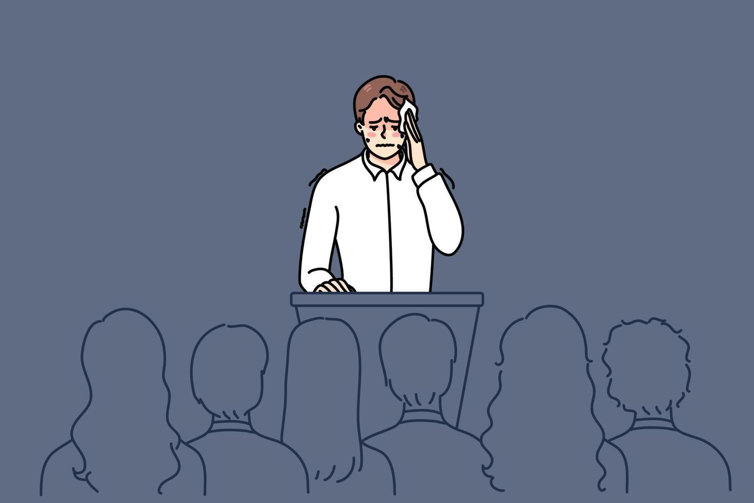 Nervous man feel stressed speaking in front of public. Anxious worried male speaker sweat with pain and anxiety on stage. Concept of audience fear. Flat vector illustration.