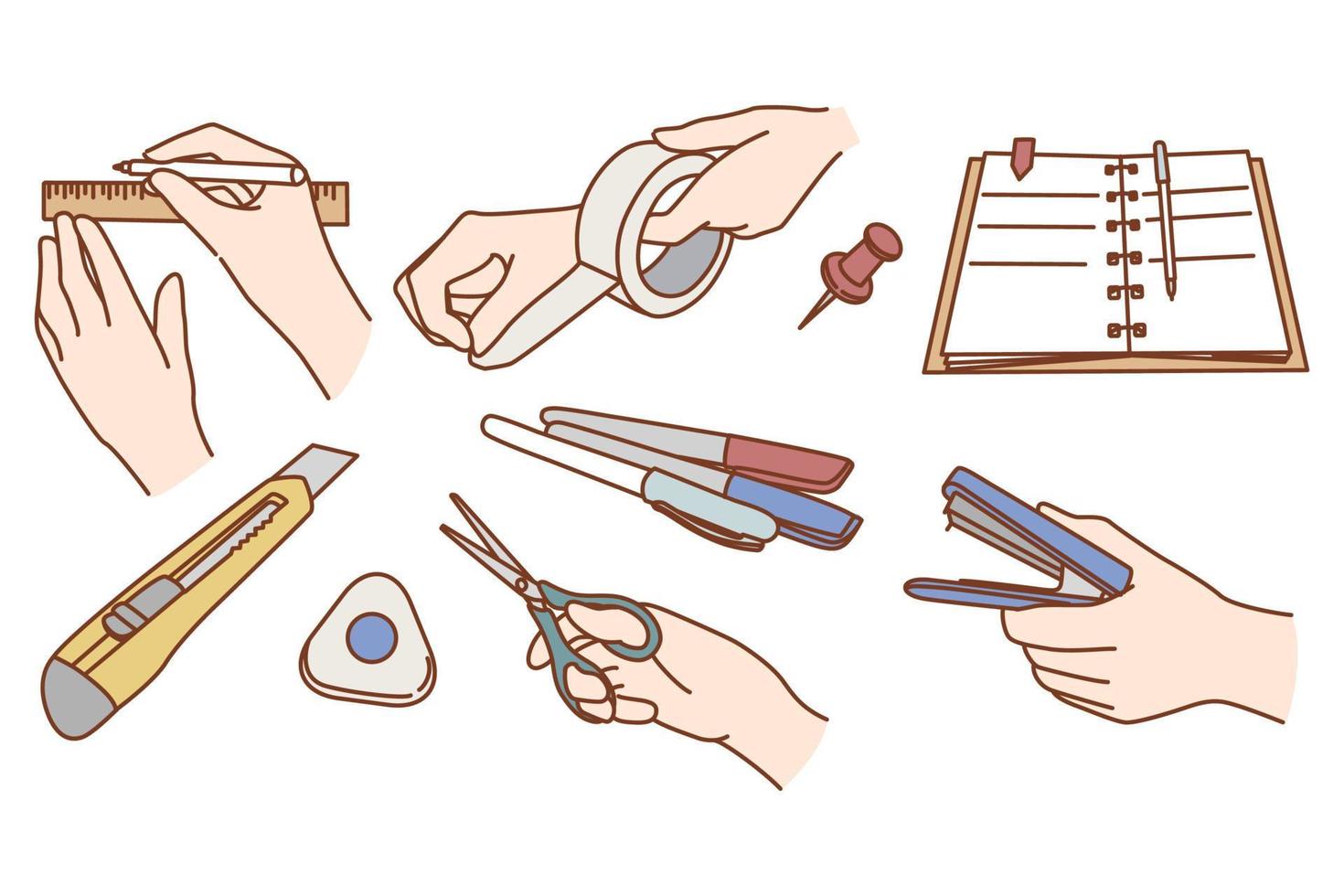 Set of person hand with diverse stationery study or work at desk. Collection of office supplies with student or pupil. Writing equipment for business or school. Flat vector illustration.